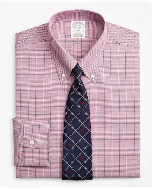 Brooks Brothers Stretch Soho Extra-slim-fit Dress Shirt, Non-iron Pinpoint Button-down Collar Glen Plaid | Red | Siz