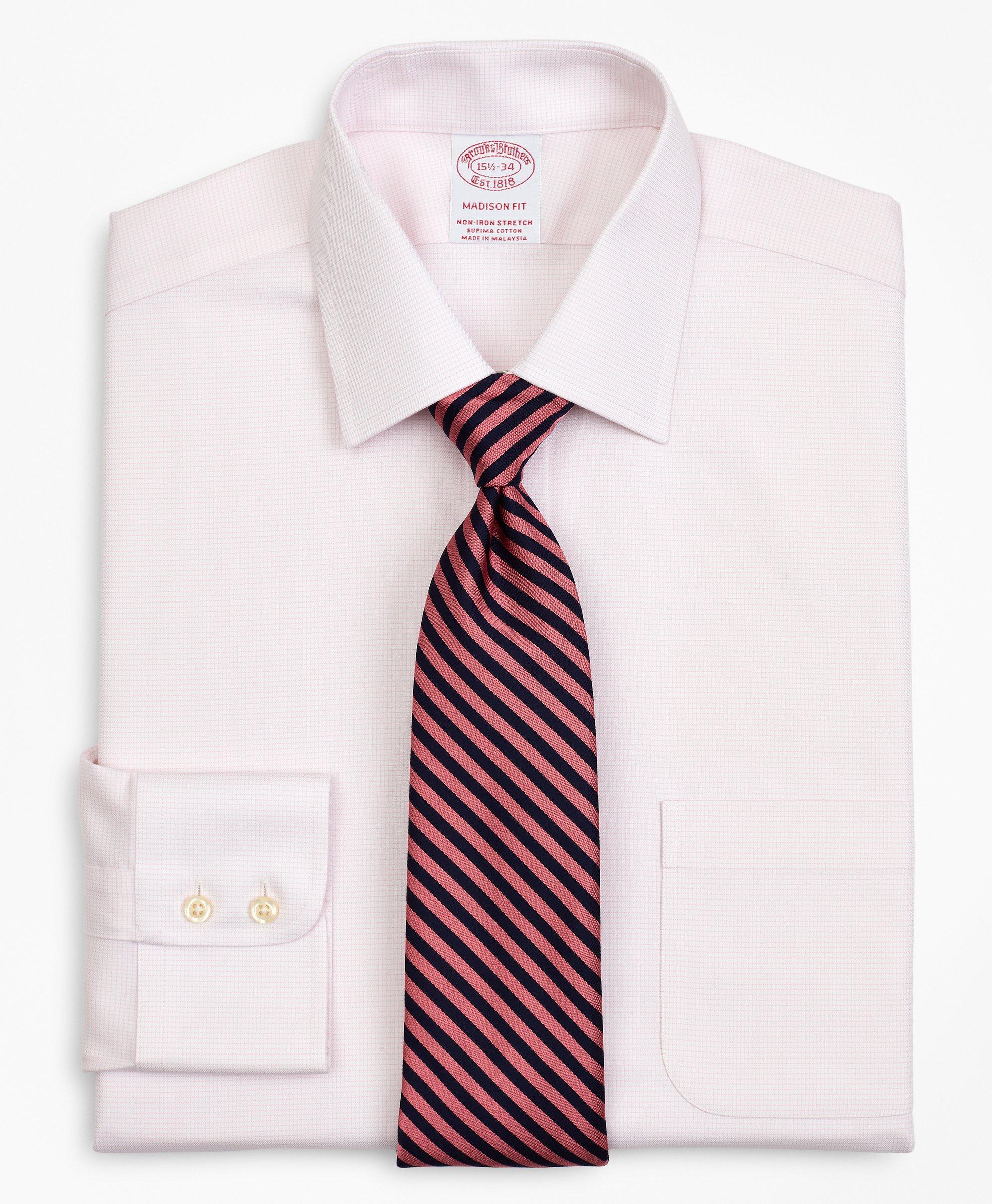 Brooks Brothers Stretch Madison Relaxed-fit Dress Shirt, Non-iron Twill Ainsley Collar Micro-check | Pink | Size 14½