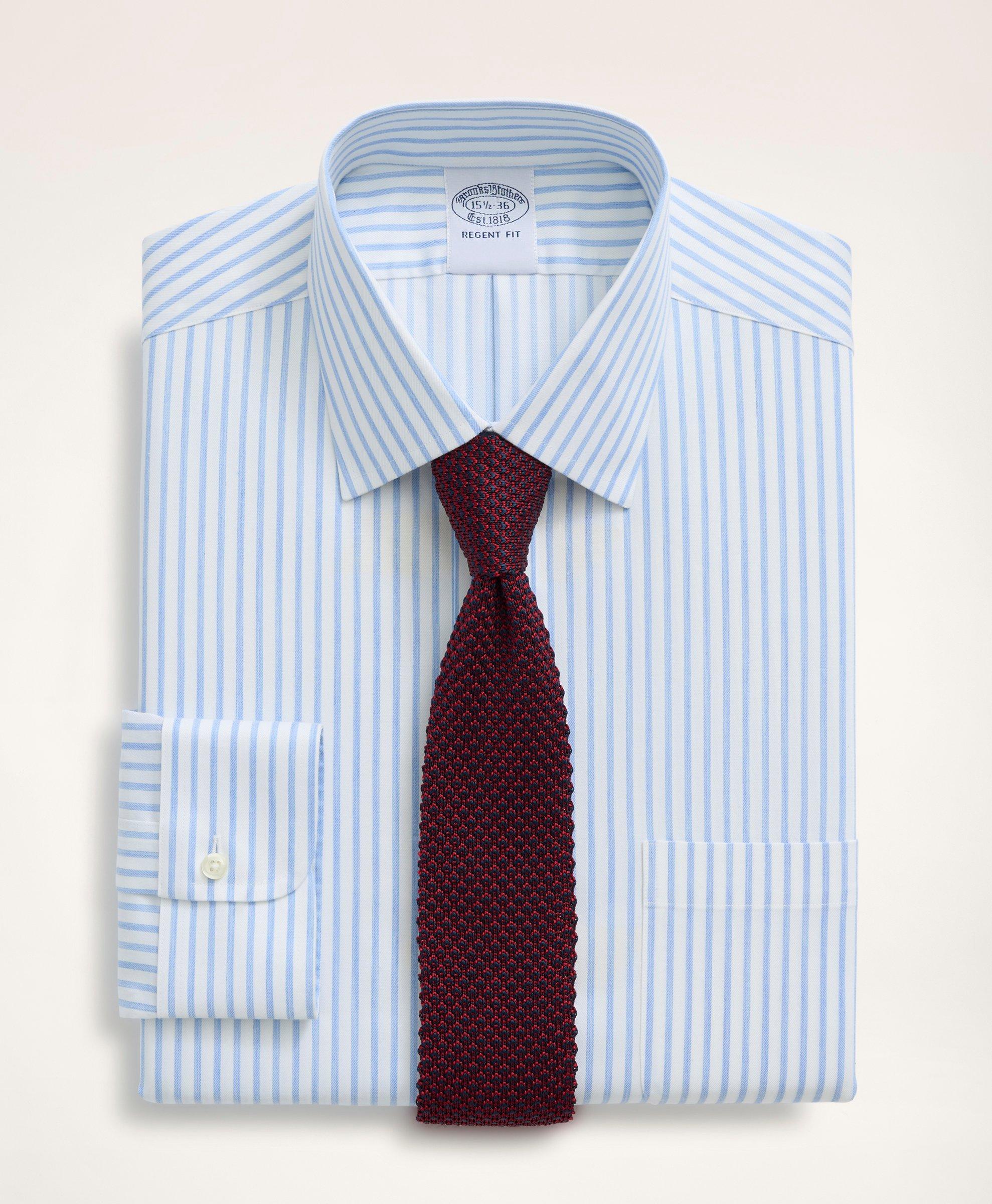 Brooks Brothers Stretch Regent Regular-fit Dress Shirt, Non-iron Twill Stripe Ainsley Collar | Blue | Size 16 33