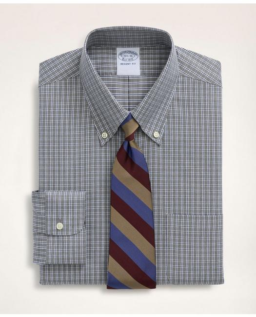 Brooks Brothers Stretch Regent Regular-fit Dress Shirt, Non-iron Twill Mini-check Button Down Collar | Grey | Size 1