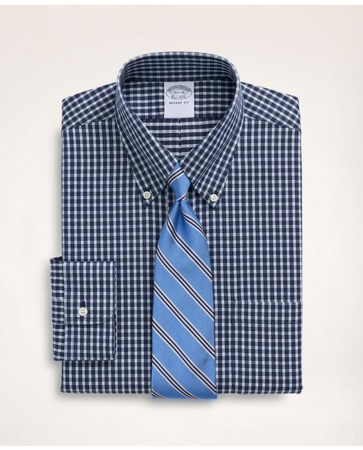 Brooks Brothers Stretch Regent Regular-fit Dress Shirt, Non-iron Twill Mini-check Button Down Collar | Navy | Size 1