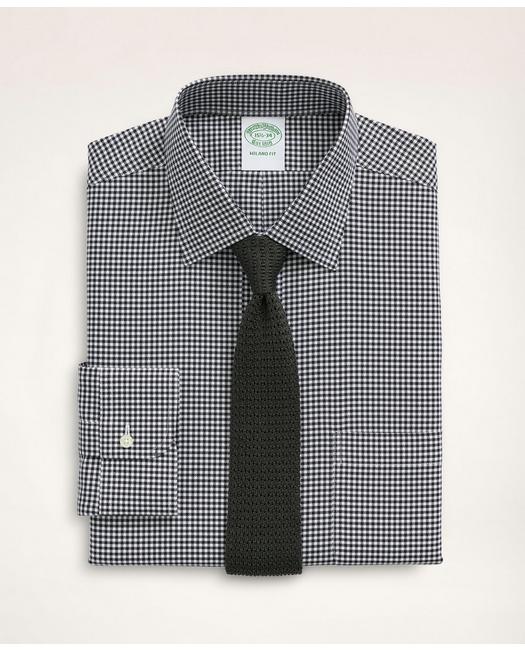 Brooks Brothers Stretch Milano Slim-fit Dress Shirt, Non-iron Herringbone Gingham Ainsley Collar | Black | Size 15½