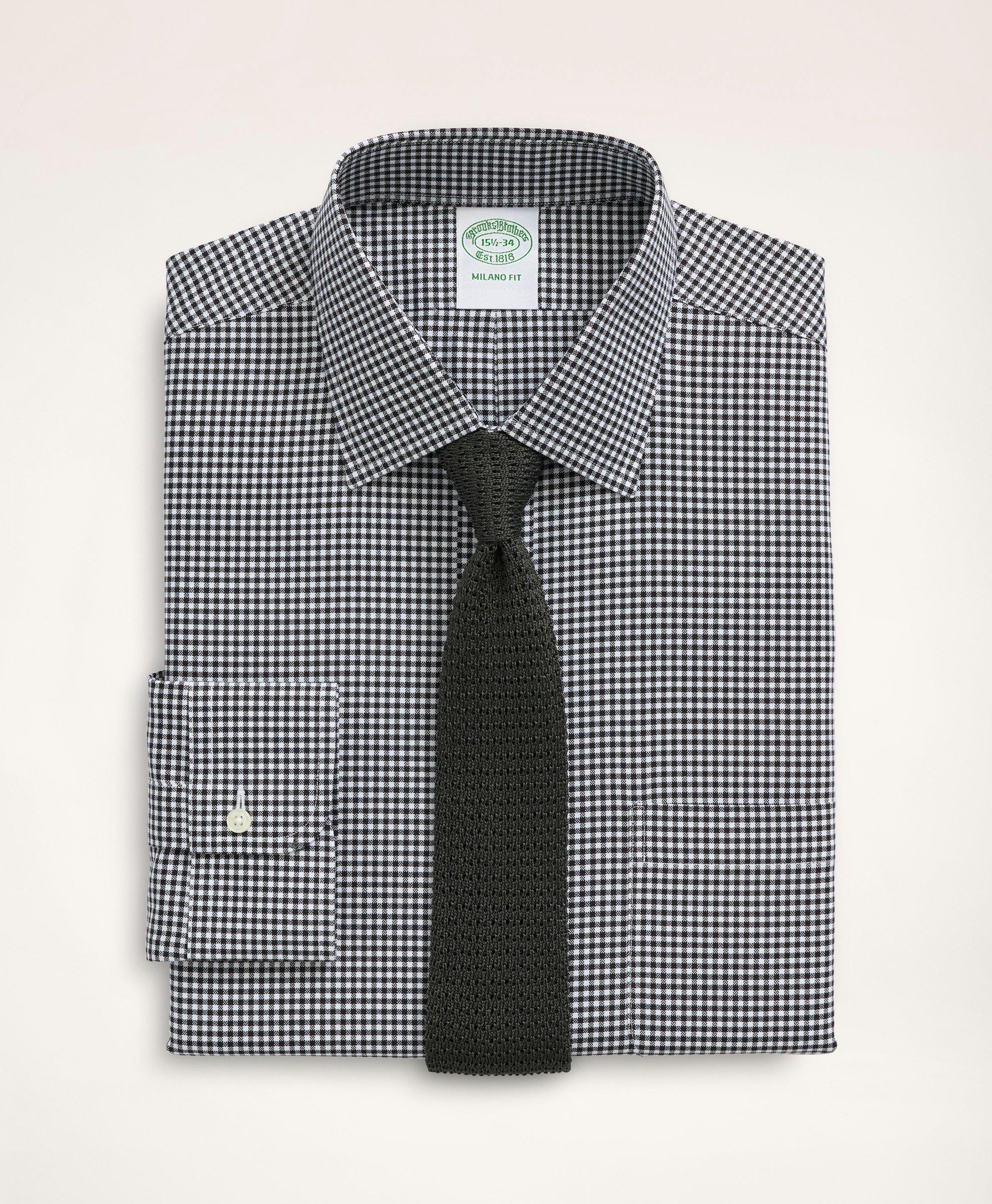 Brooks Brothers Stretch Milano Slim-fit Dress Shirt, Non-iron Herringbone Gingham Ainsley Collar | Black | Size 15½