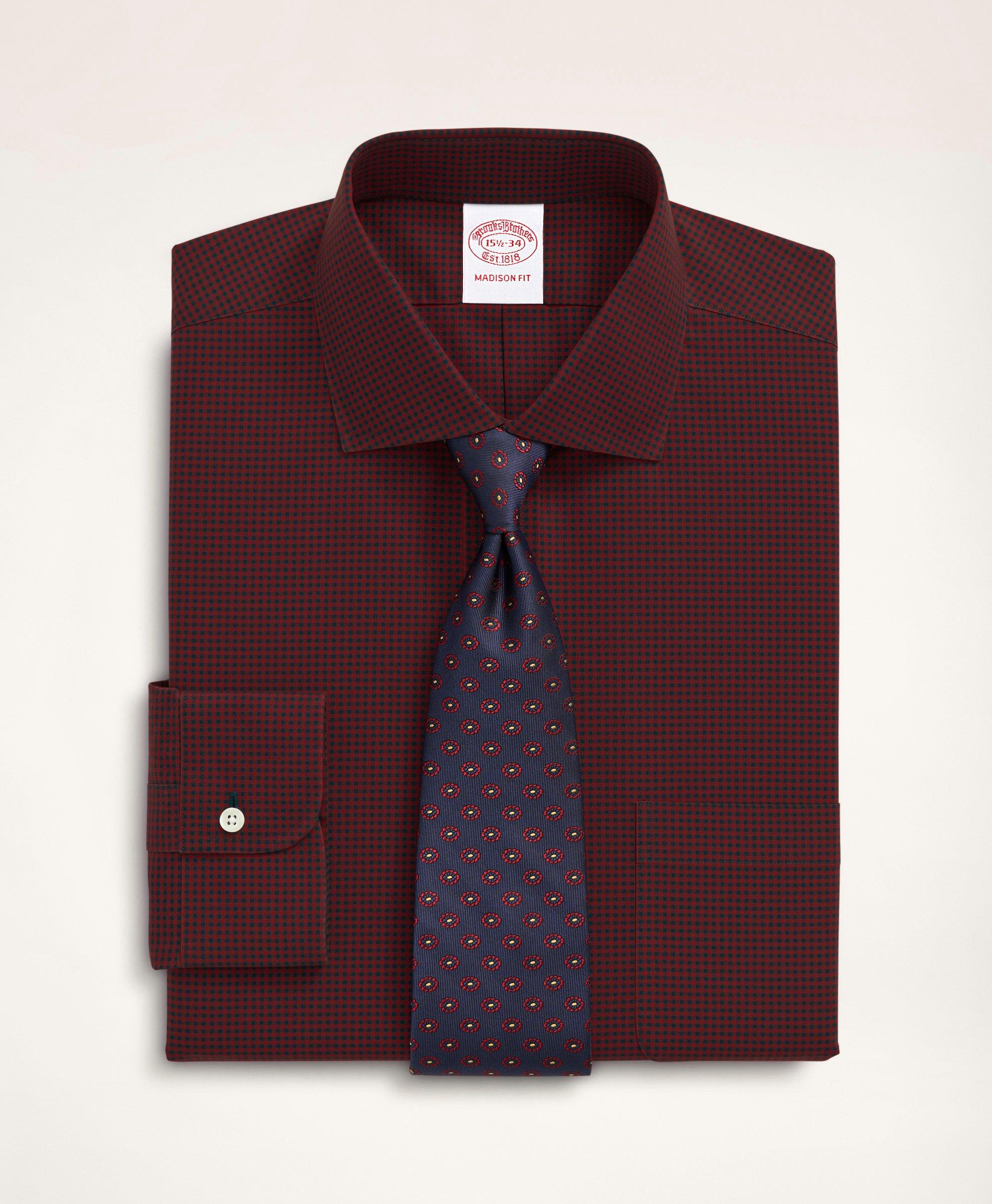 Brooks Brothers Stretch Madison Relaxed-fit Dress Shirt, Non-iron Poplin English Spread Collar Gingham | Dark Red |