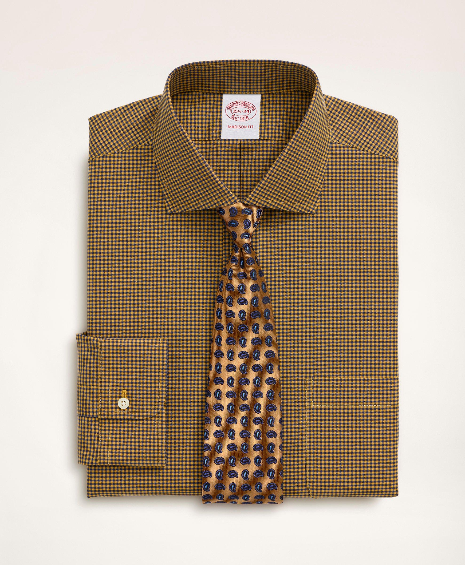 Brooks Brothers Stretch Madison Relaxed-fit Dress Shirt, Non-iron Poplin English Spread Collar Gingham | Dark Yellow