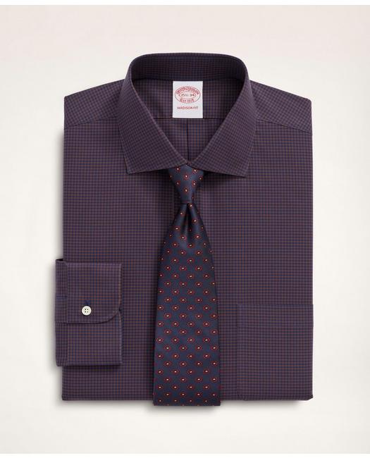 Brooks Brothers Stretch Madison Relaxed-fit Dress Shirt, Non-iron Poplin English Spread Collar Gingham | Purple | Si