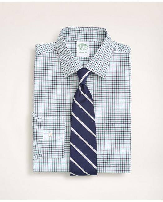 Brooks Brothers Stretch Milano Slim-fit Dress Shirt, Non-iron Poplin Ainsley Collar Tattersall | Green | Size 14½ 33