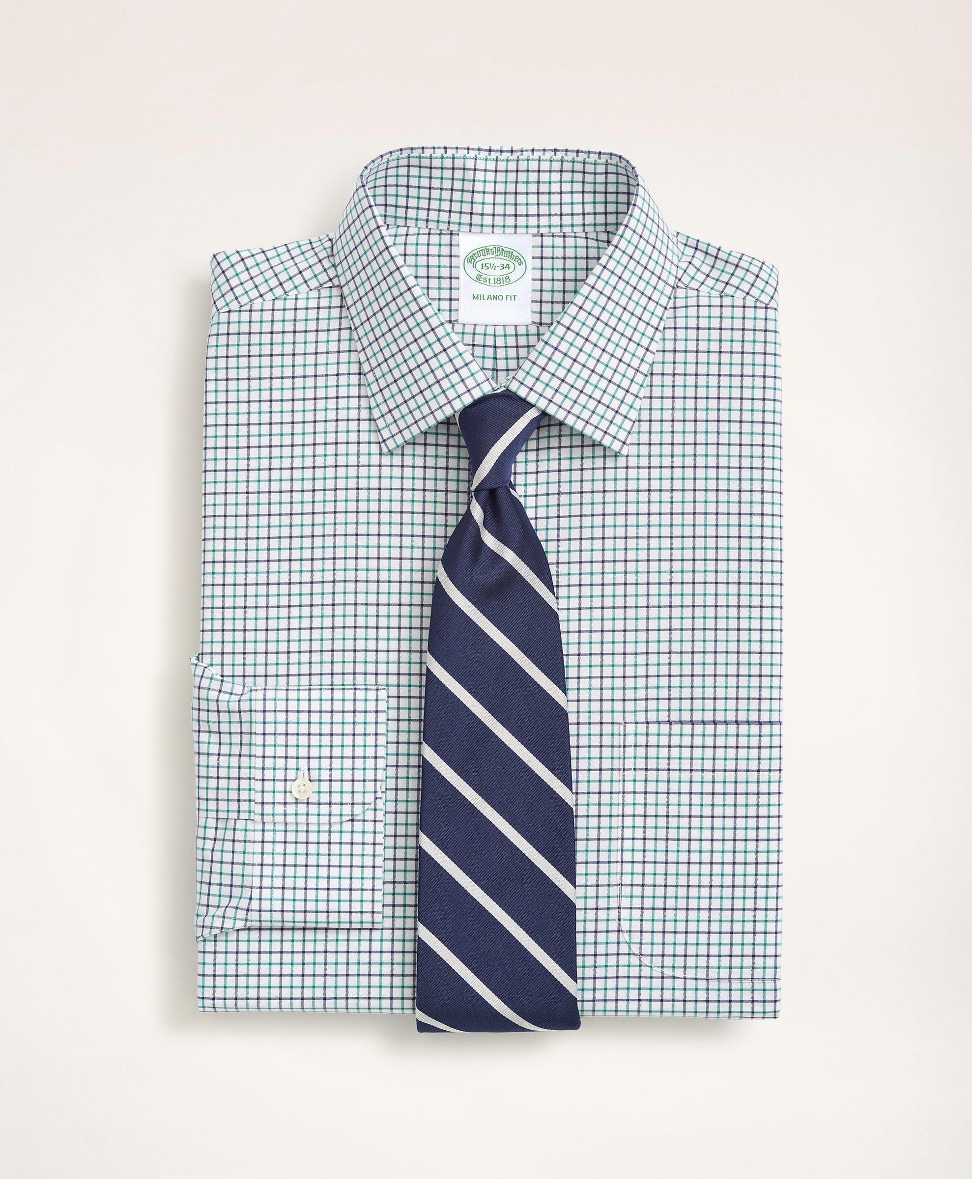 Brooks Brothers Stretch Milano Slim-fit Dress Shirt, Non-iron Poplin Ainsley Collar Tattersall | Green | Size 14½ 33