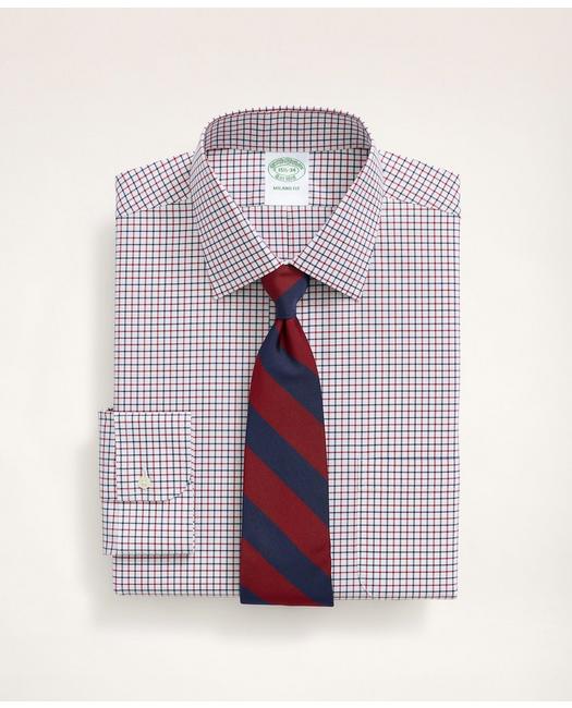 Brooks Brothers Stretch Milano Slim-fit Dress Shirt, Non-iron Poplin Ainsley Collar Tattersall | Red | Size 15 34