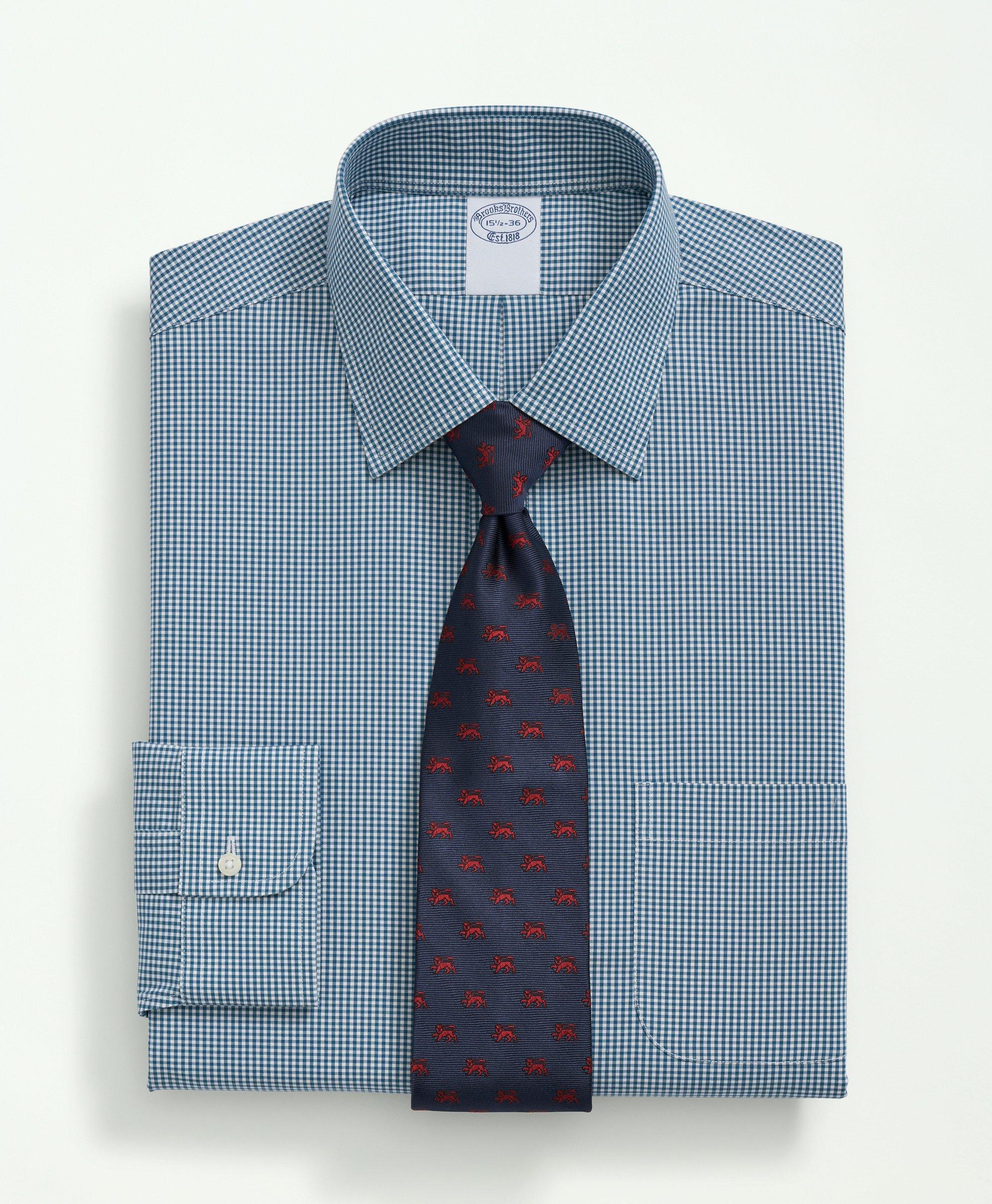 Brooks Brothers Stretch Supima Cotton Non-iron Pinpoint Oxford Ainsley Collar, Gingham Dress Shirt | Teal | Size 16½