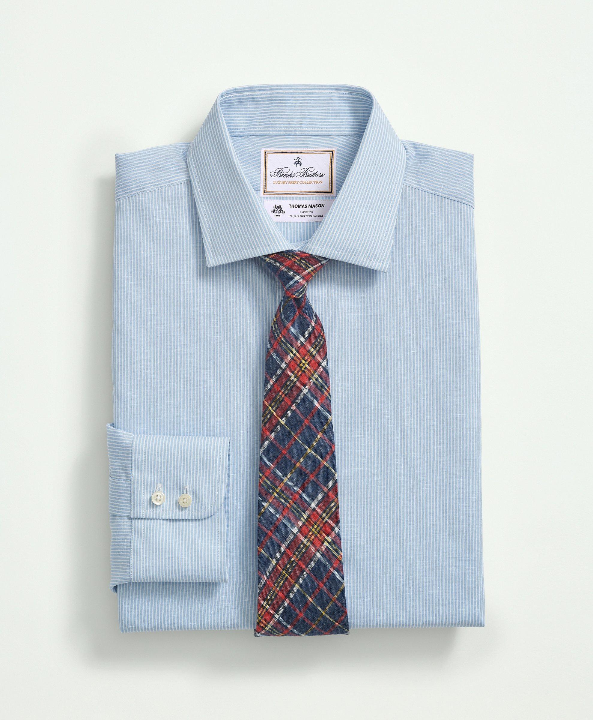 X Thomas Mason Cotton-linen English Spread Collar, Mini Stripe Dress Shirt  | Light Blue | Size 15½ 3