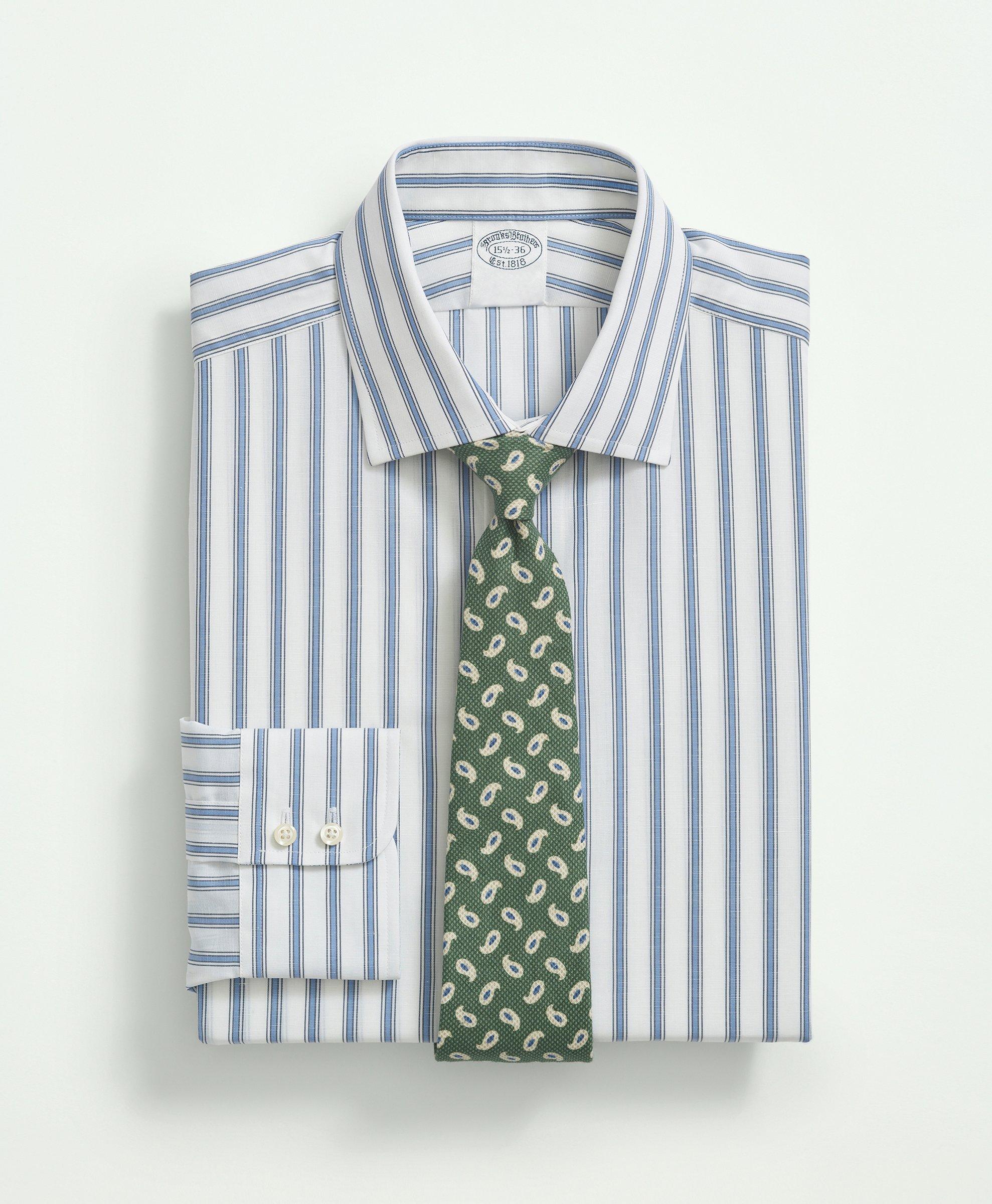 Brooks Brothers X Thomas Mason Cotton-linen English Spread Collar, Stripe Dress Shirt | White | Size 16 32