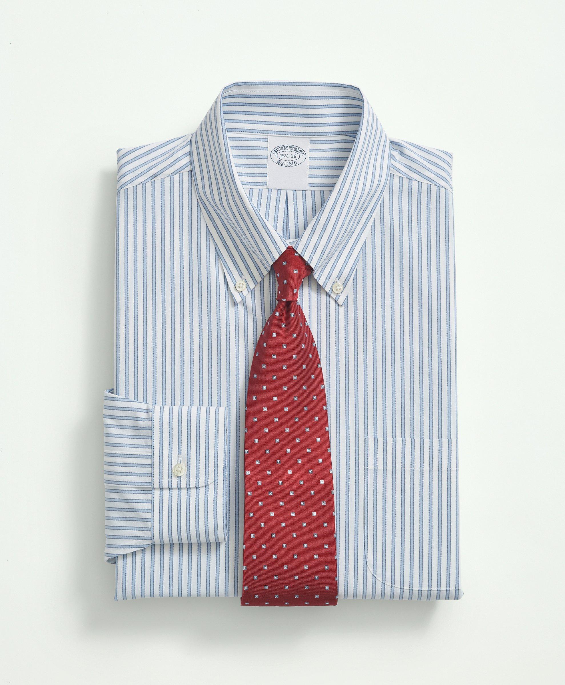 Brooks Brothers Stretch Supima Cotton Non-iron Poplin Button Down Collar, Ground Stripe Dress Shirt | Navy | Size 15