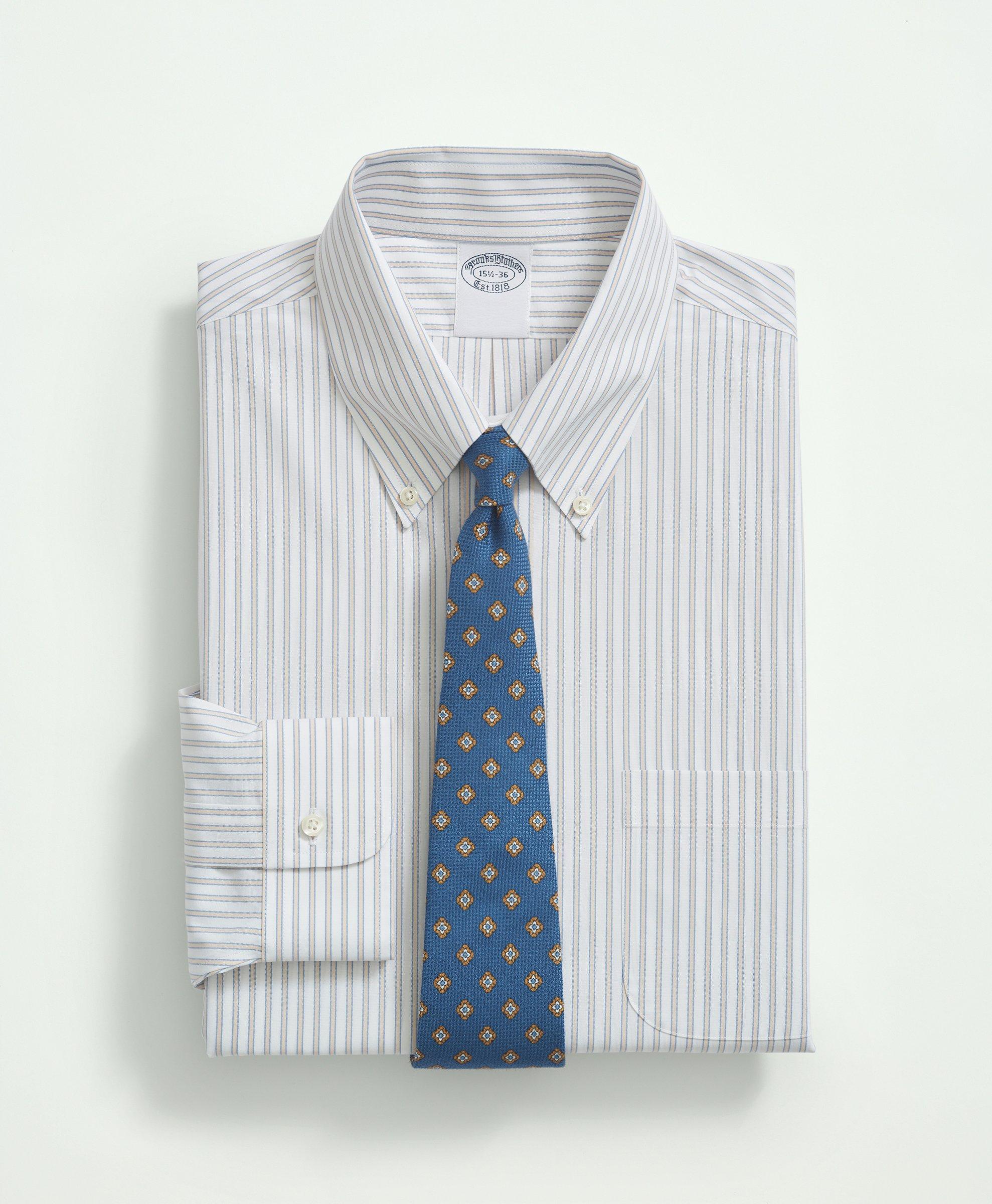 Brooks Brothers Stretch Supima Cotton Non-iron Poplin Button Down Collar, Ground Stripe Dress Shirt | Peach | Size 1