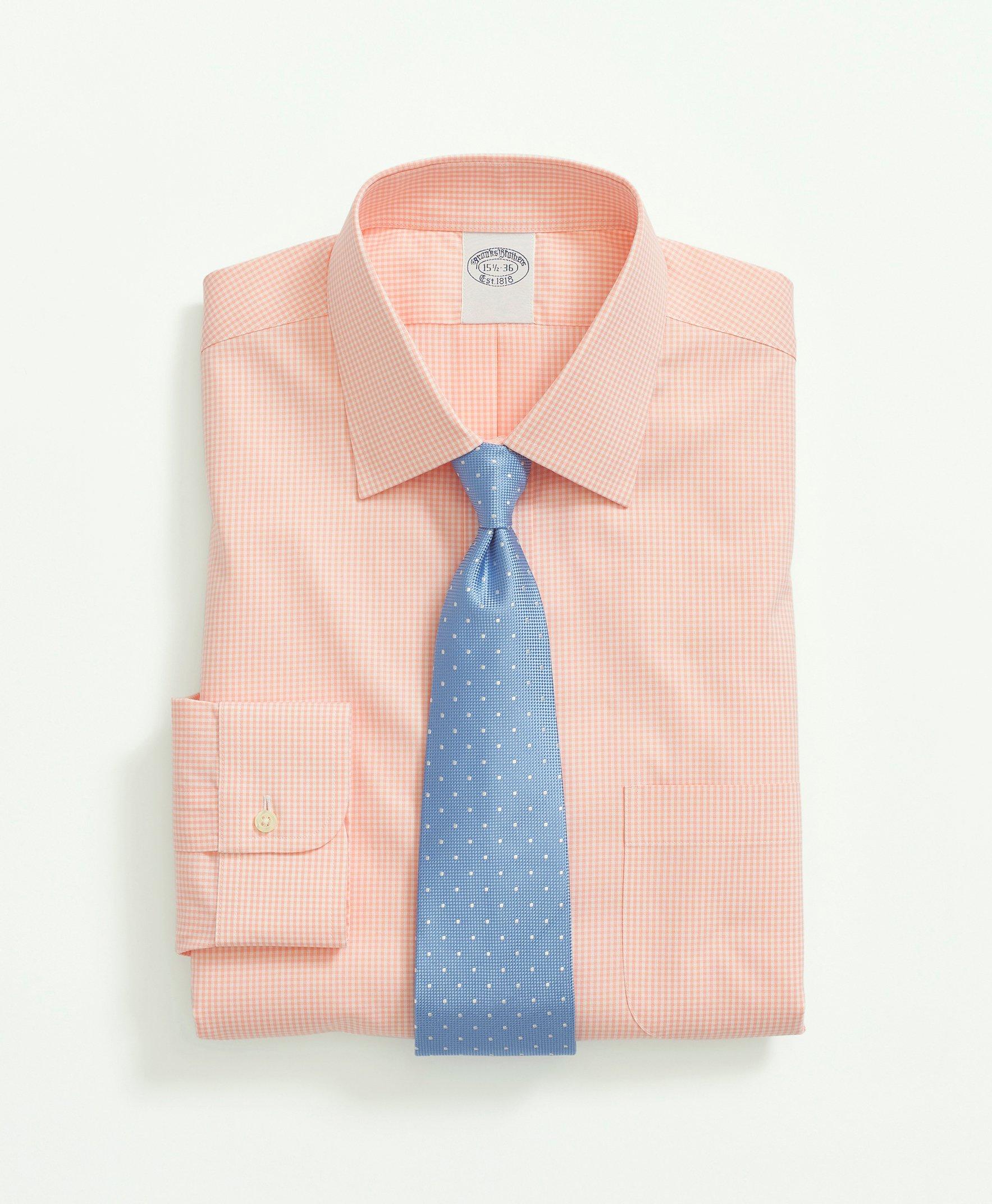 Brooks Brothers Stretch Supima Cotton Non-iron Pinpoint Oxford Ainsley Collar, Gingham Dress Shirt | Peach | Size 16