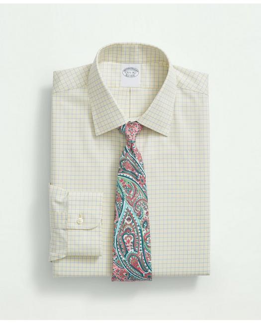 Brooks Brothers Stretch Supima Cotton Non-iron Royal Oxford Ainsley Collar, Windowpane Dress Shirt | Yellow | Size 1
