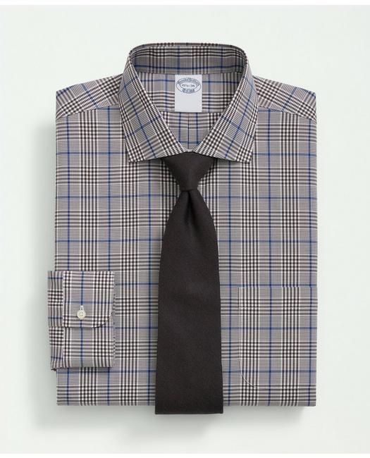 Brooks Brothers Stretch Supima Cotton Non-iron Pinpoint English Collar, Glen Plaid Dress Shirt | Brown | Size 17 35