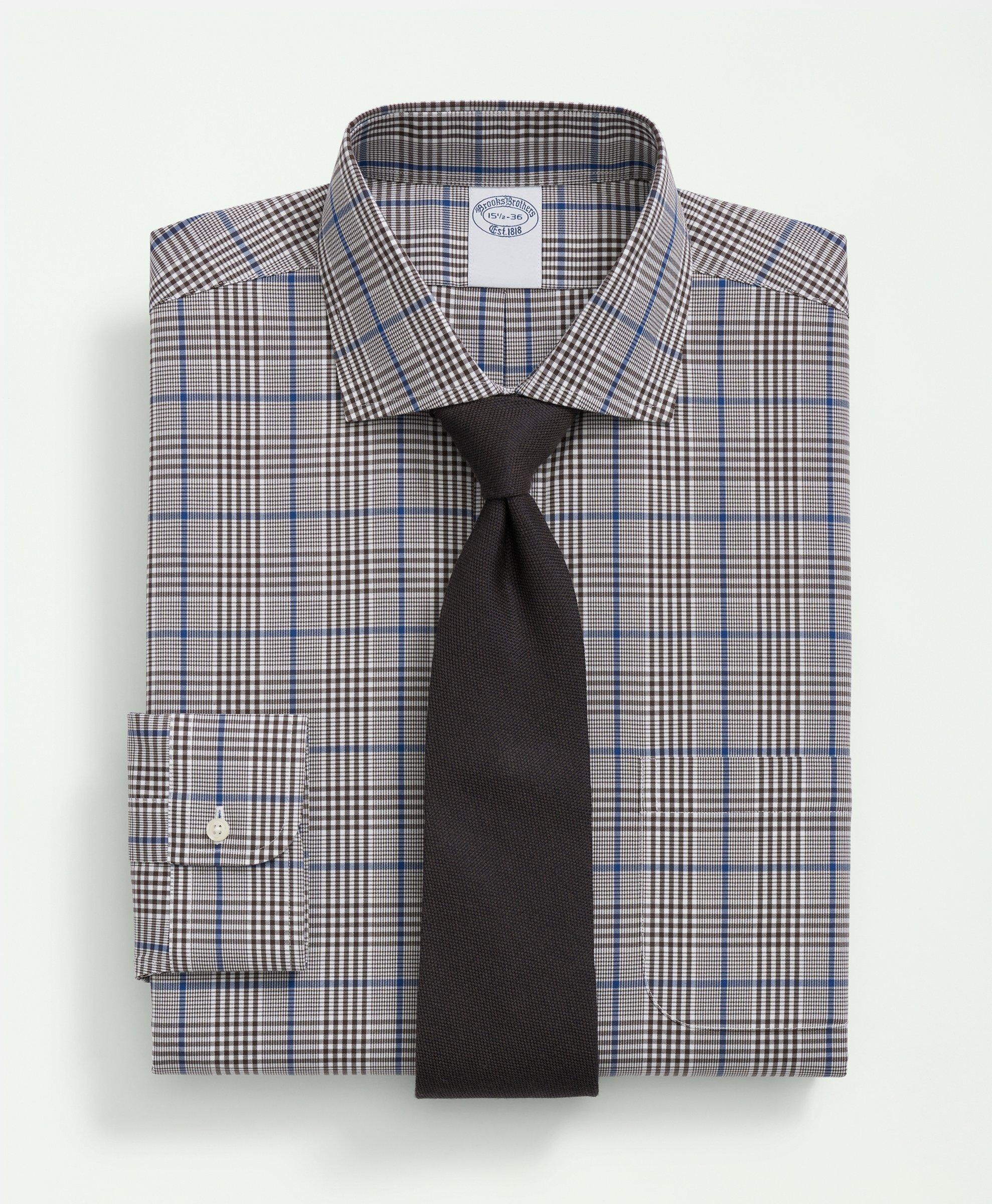 Shop Brooks Brothers Stretch Supima Cotton Non-iron Pinpoint English Collar, Glen Plaid Dress Shirt | Brown | Size 16½ 34