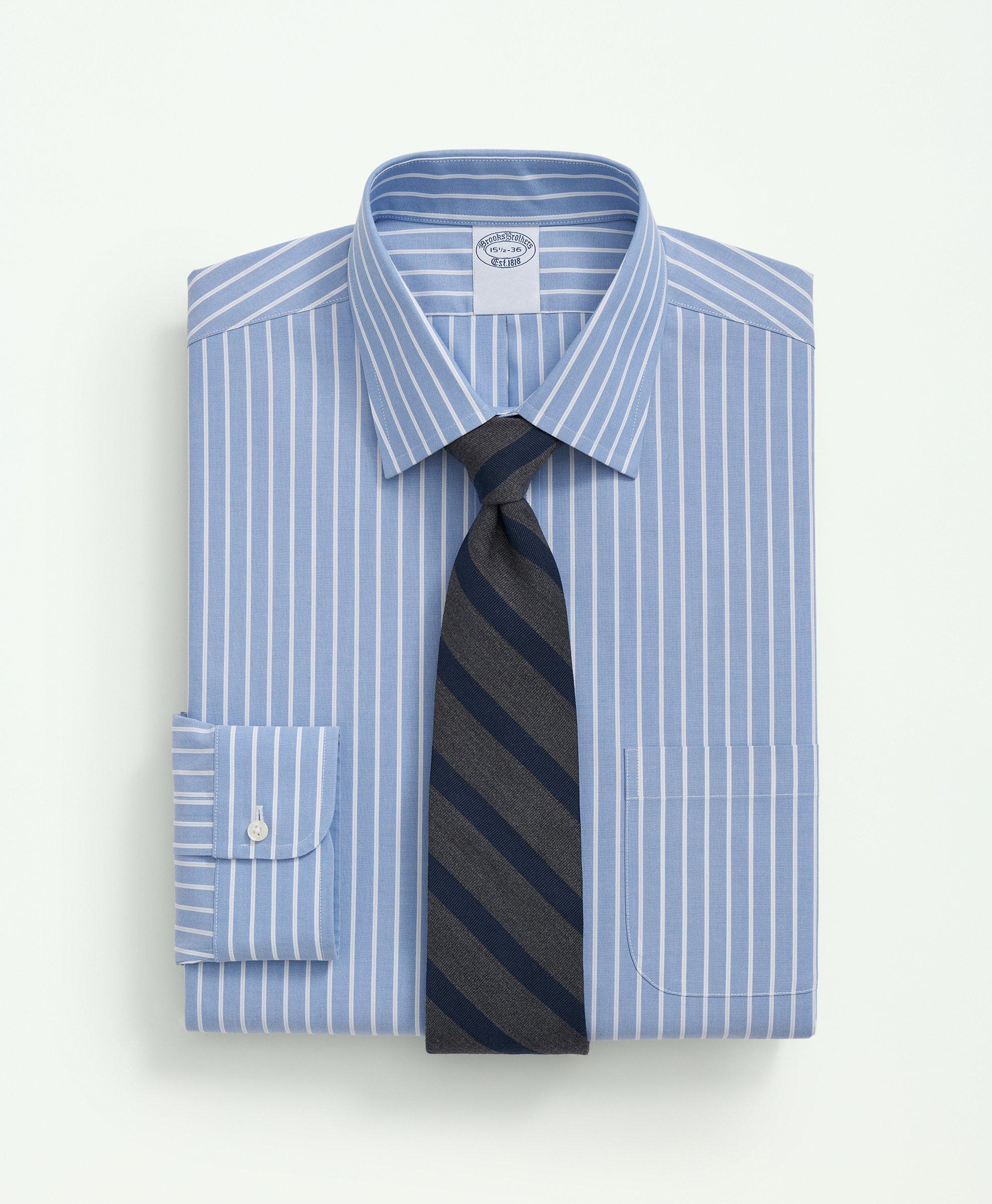 Brooks Brothers Stretch Supima Cotton Non-iron Poplin Ainsley Collar, Striped Dress Shirt | Blue | Size 16½ 34