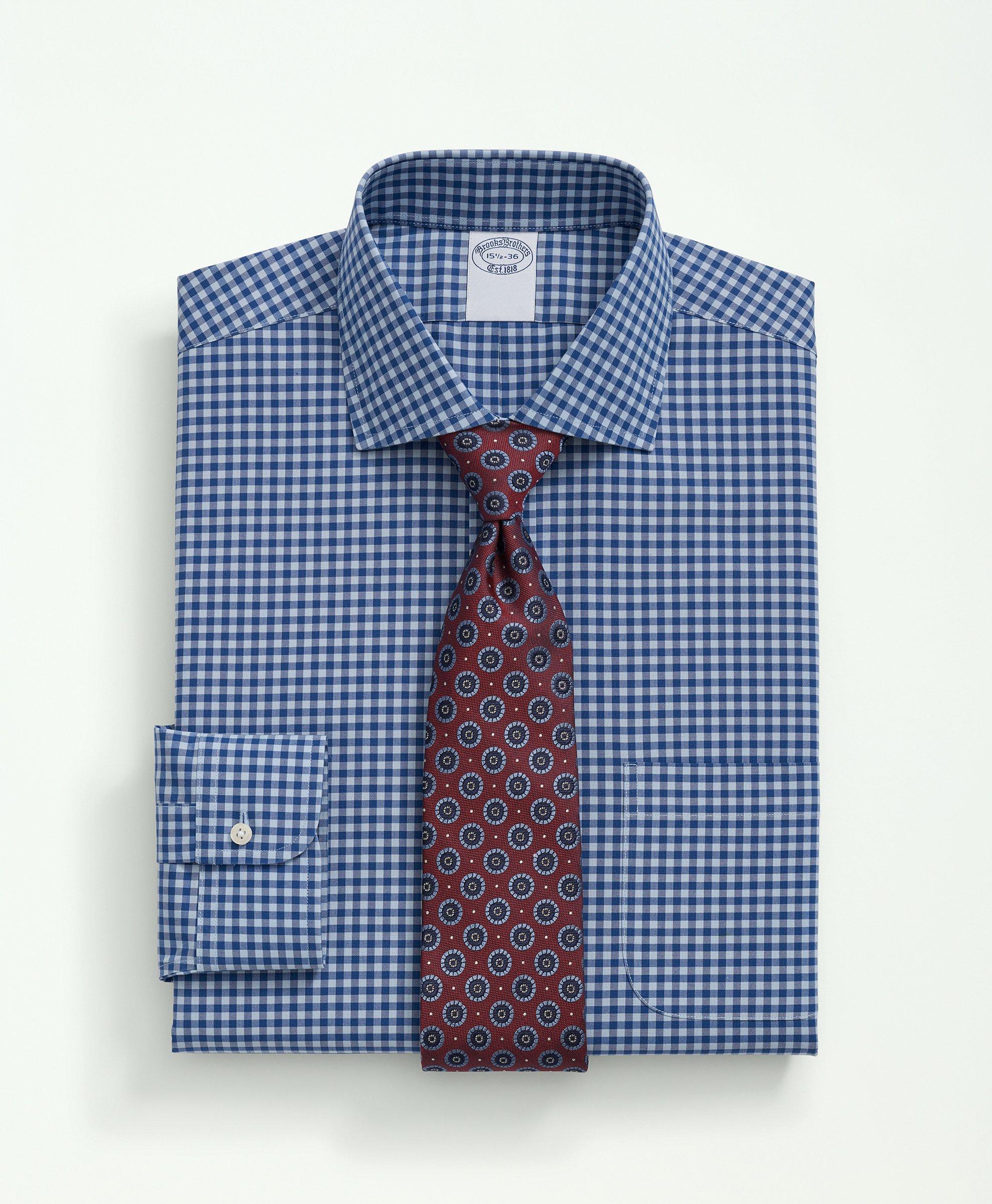 Brooks Brothers Stretch Supima Cotton Non-iron Poplin English Spread Collar Gingham Dress Shirt | Blue | Size 16 36