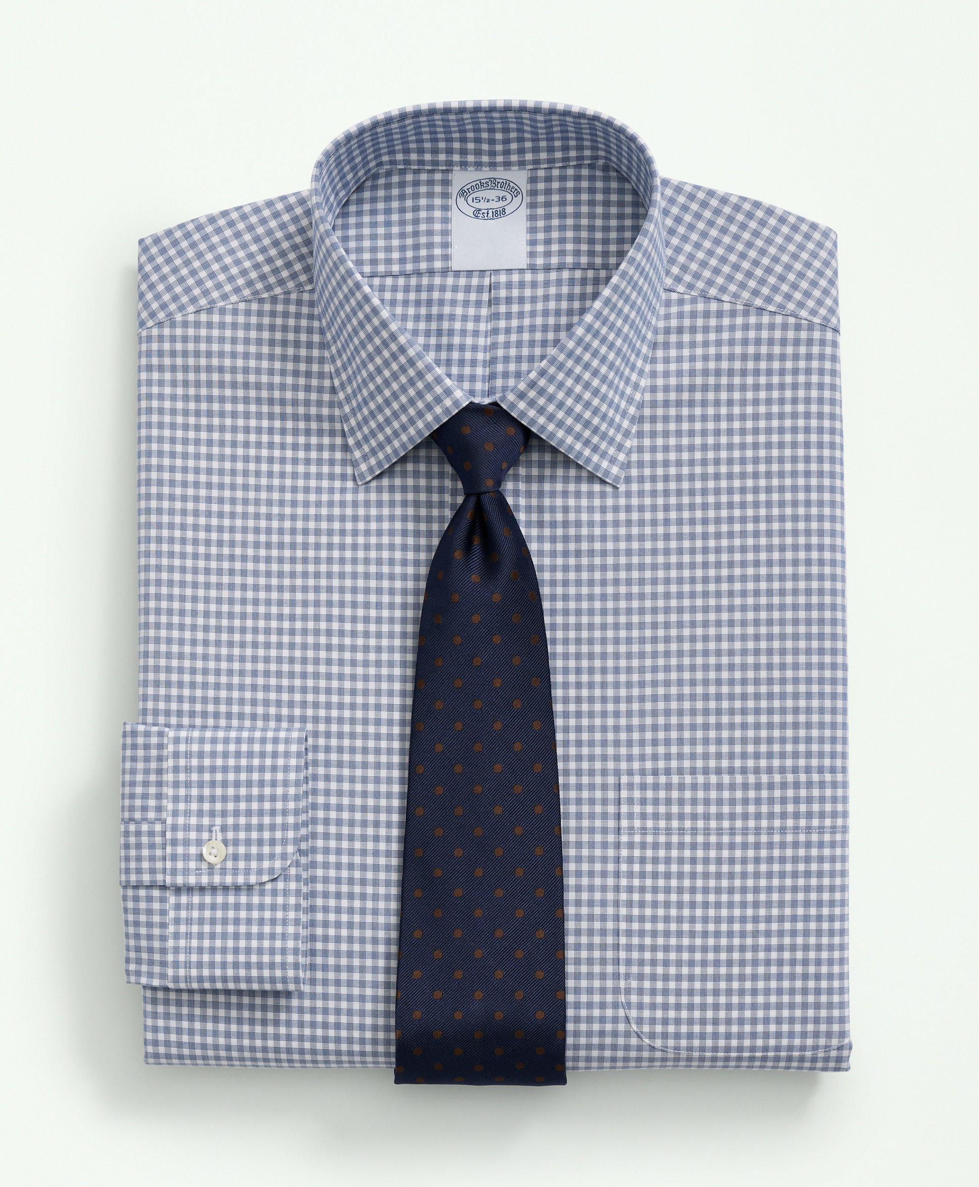 Brooks Brothers Stretch Supima Cotton Non-iron Poplin Ainsley Collar, Checked Dress Shirt | Dark Blue | Size 15 34