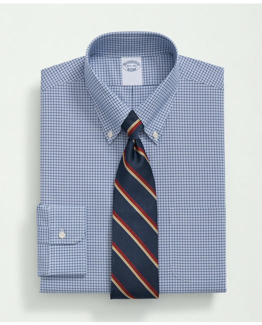 Brooks Brothers Stretch Supima Cotton Non-iron Poplin Polo Button-down Collar, Checked Dress Shirt | Blue | Size 14½