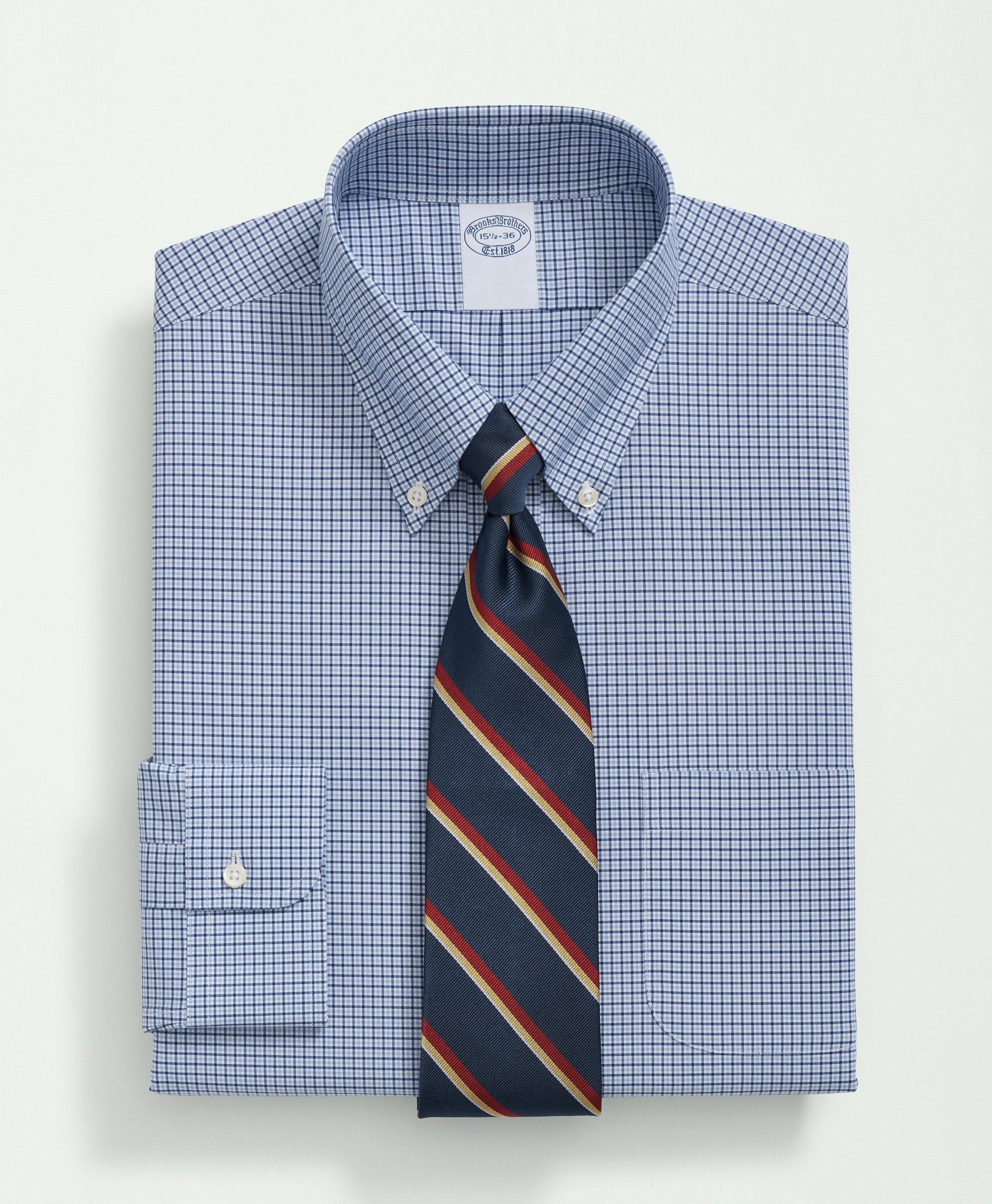 Brooks Brothers Stretch Supima Cotton Non-iron Poplin Polo Button-down Collar, Checked Dress Shirt | Blue | Size 14½