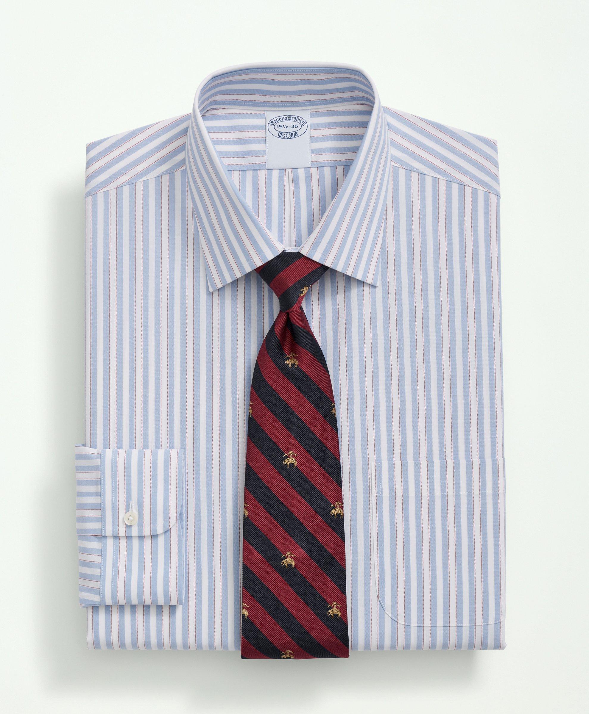 Brooks Brothers Stretch Supima Cotton Non-iron Poplin Ainsley Collar, Striped Dress Shirt | Light Blue | Size 14½ 32