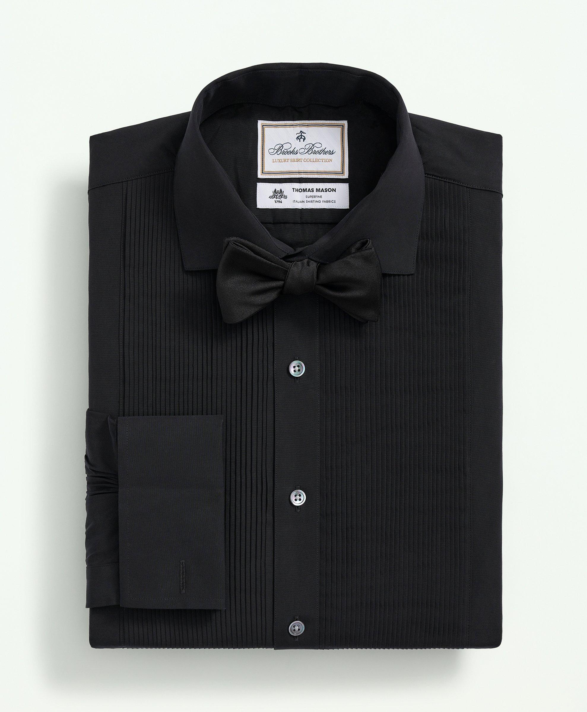 Brooks Brothers X Thomas Mason Cotton English Collar, Swiss Pleat Front Tuxedo Shirt | Black | Size 16½ 33
