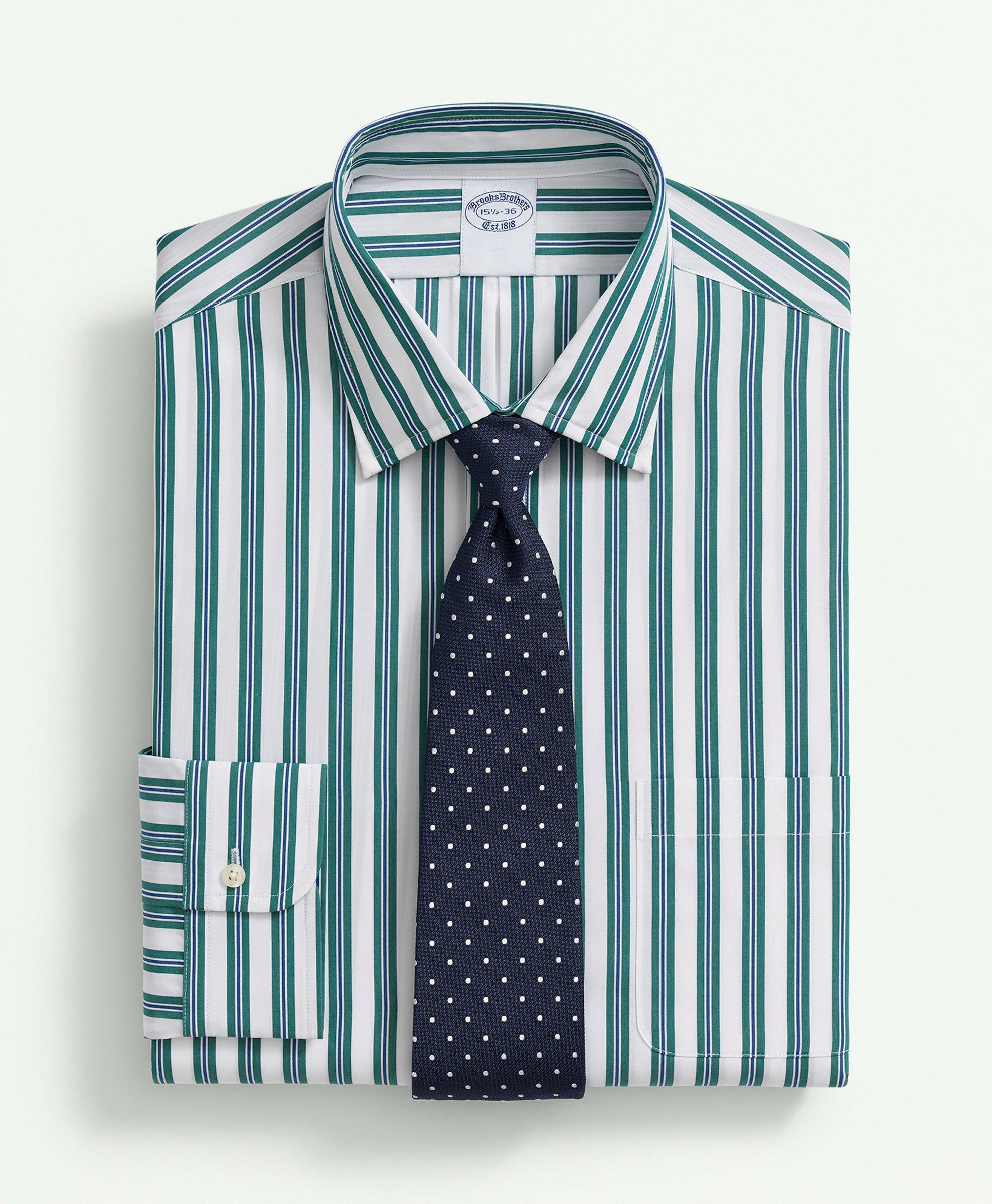 Brooks Brothers Supima Cotton Poplin Ainsley Collar, Bold Multi Striped Dress Shirt | Green | Size 17½ 34
