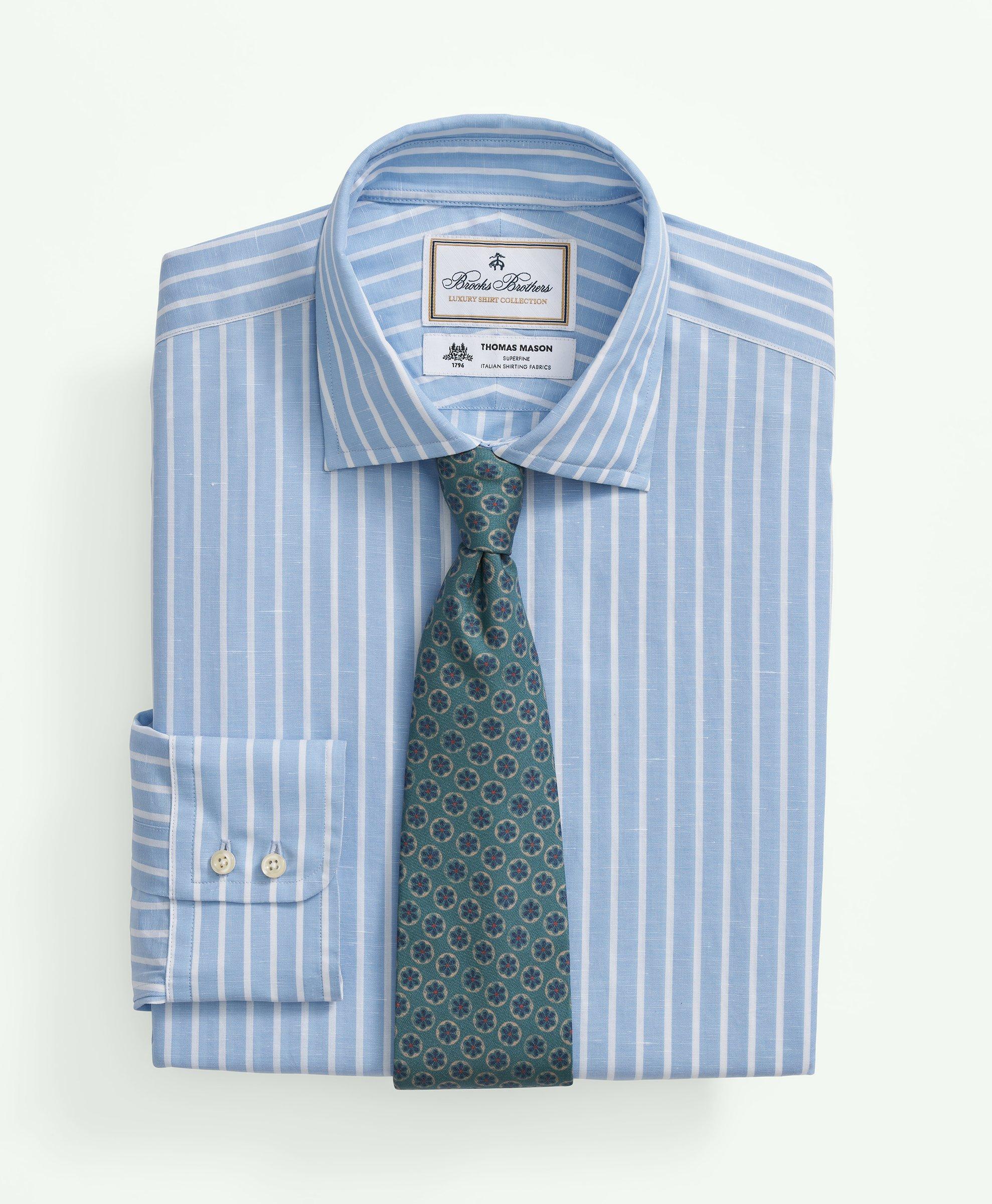 Brooks Brothers X Thomas Mason Cotton-linen English Collar, Stripe Dress Shirt | Light Blue | Size 16½ 33