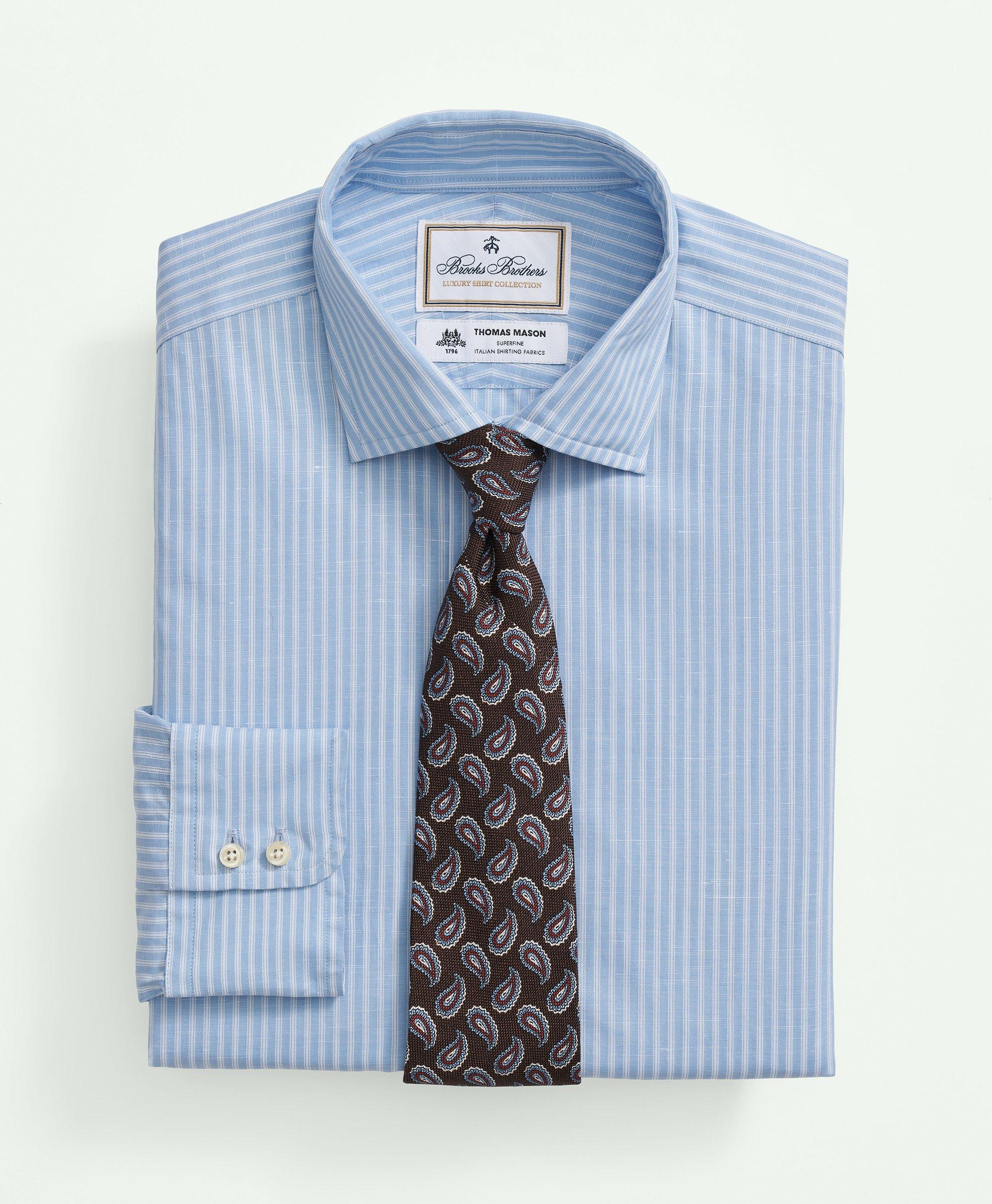 Brooks Brothers X Thomas Mason Cotton-linen English Collar, Stripe Dress Shirt | Light Blue | Size 15½ 33