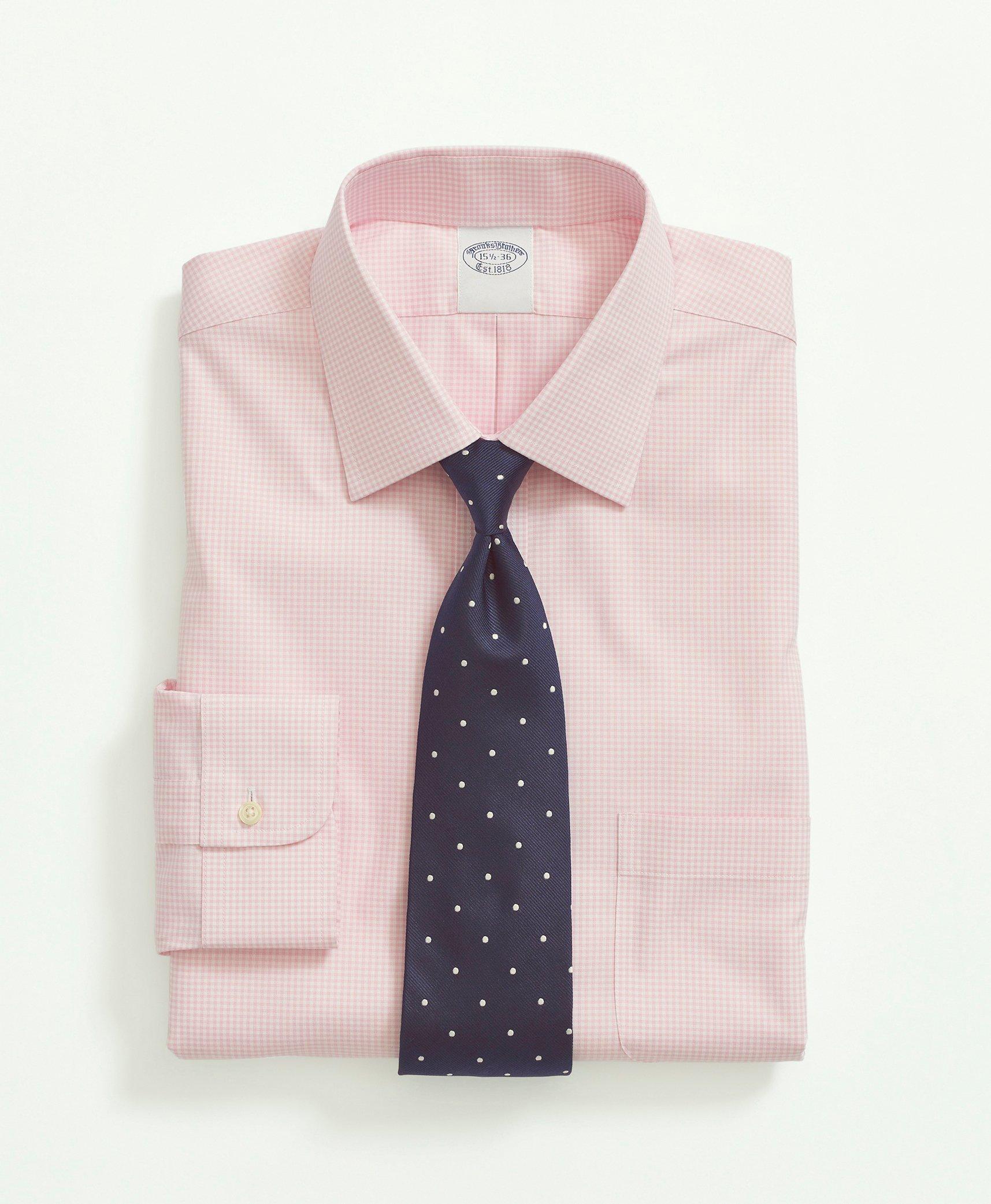 Brooks Brothers Stretch Supima Cotton Non-iron Pinpoint Oxford Ainsley Collar, Gingham Dress Shirt | Pink | Size 16