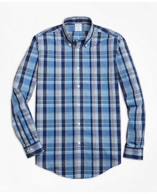 Brooks Brothers Regent Regular-fit Sport Shirt, Non-iron Heathered Madras | Blue | Size Small