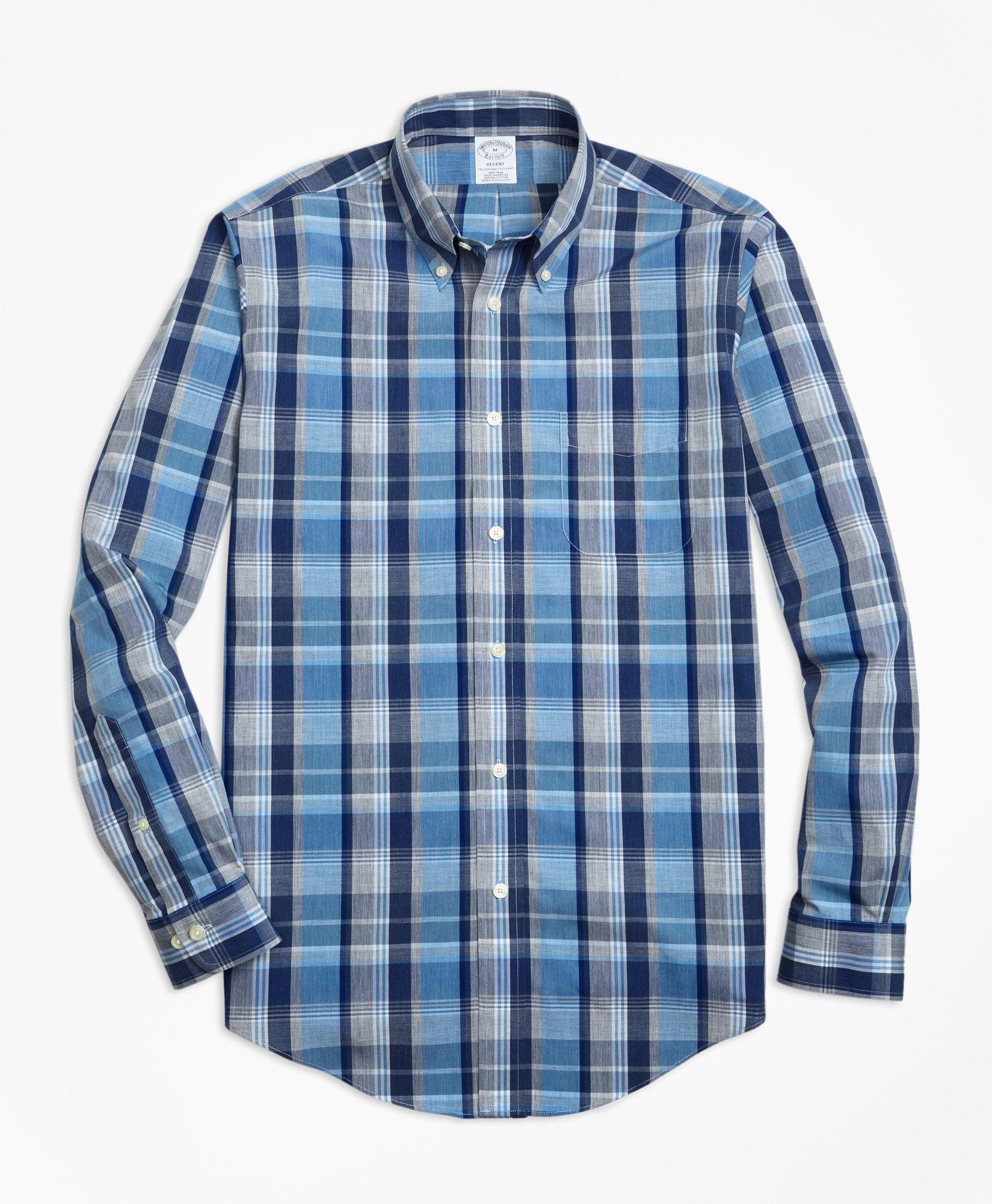 Brooks Brothers Regent Regular-fit Sport Shirt, Non-iron Heathered Madras | Blue | Size Small