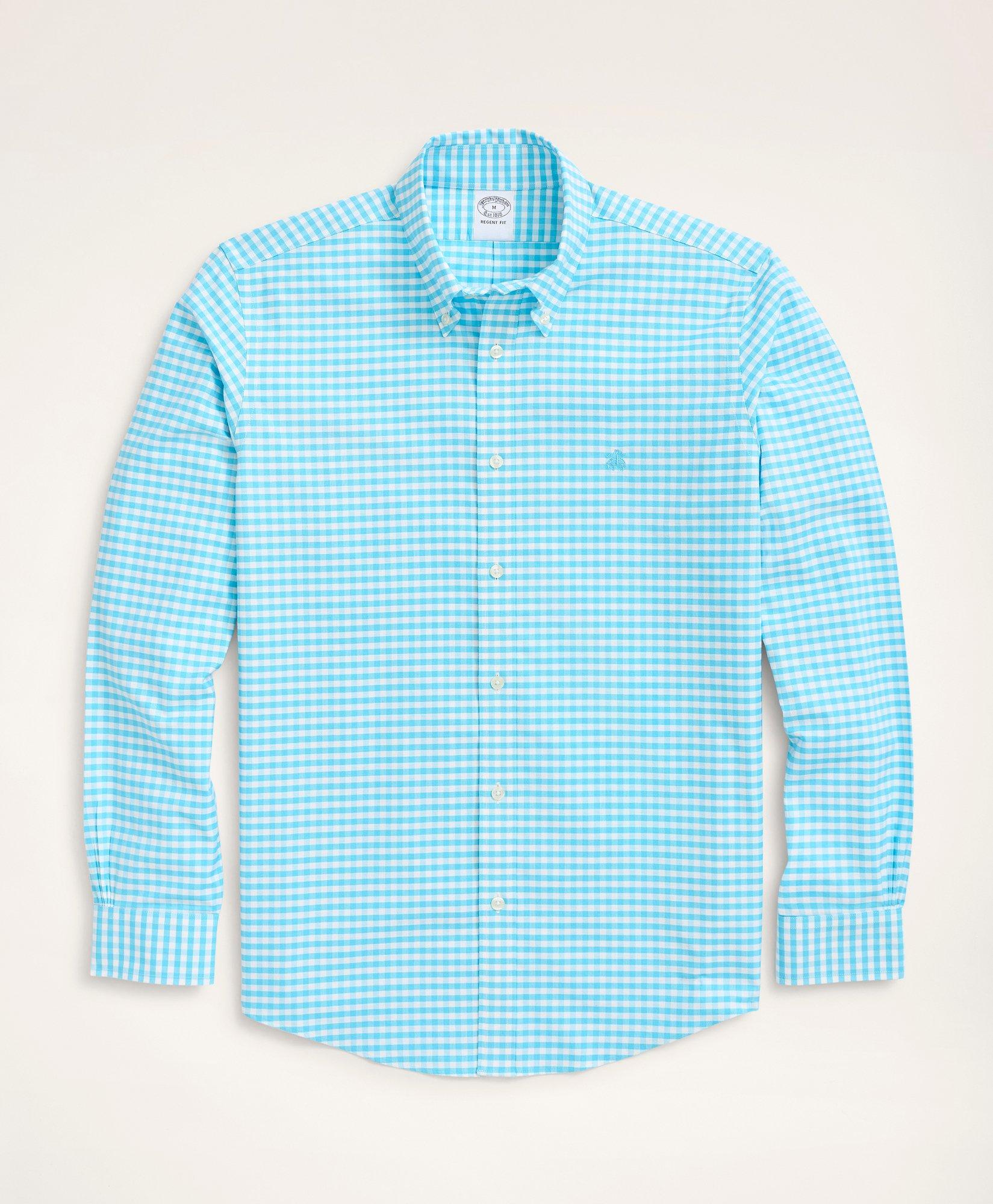 Brooks Brothers Stretch Regent Regular-fit Sport Shirt, Non-iron Gingham Oxford | Aqua | Size Xs