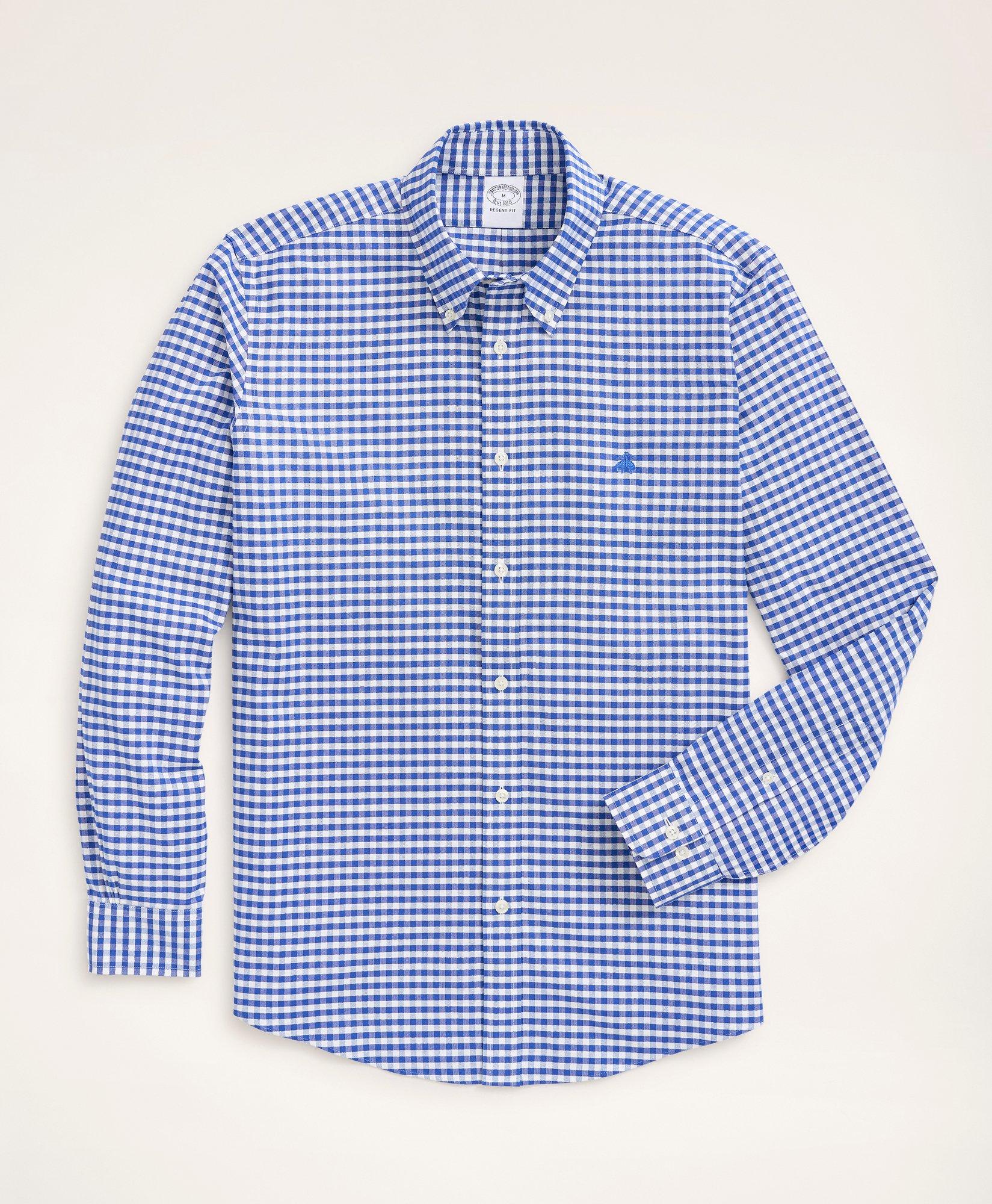 Brooks Brothers Stretch Regent Regular-fit Sport Shirt, Non-iron Gingham Oxford | Blue | Size Xs