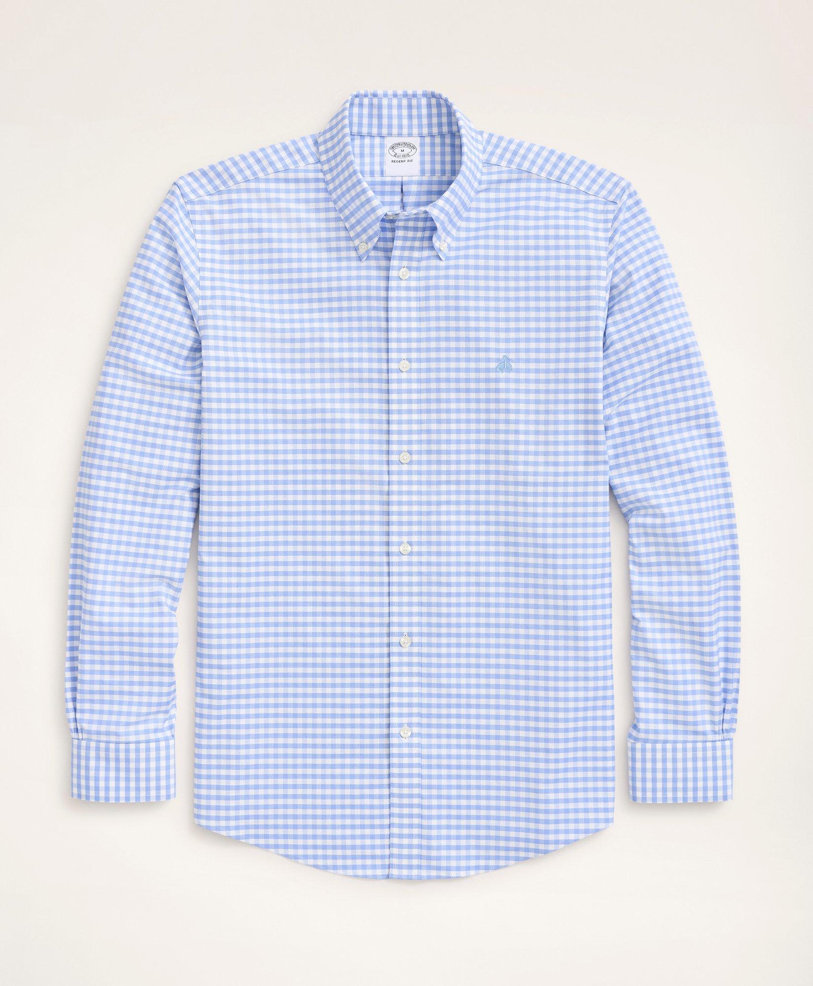 Brooks Brothers Stretch Regent Regular-fit Sport Shirt, Non-iron Gingham Oxford | Light Blue | Size Medium