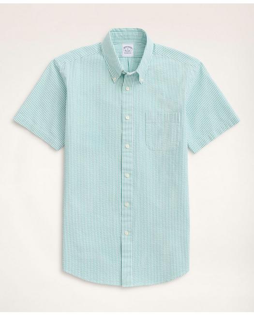Brooks Brothers Regent Regular-fit Sport Shirt, Short-sleeve Seersucker Stripe | Green | Size Xs