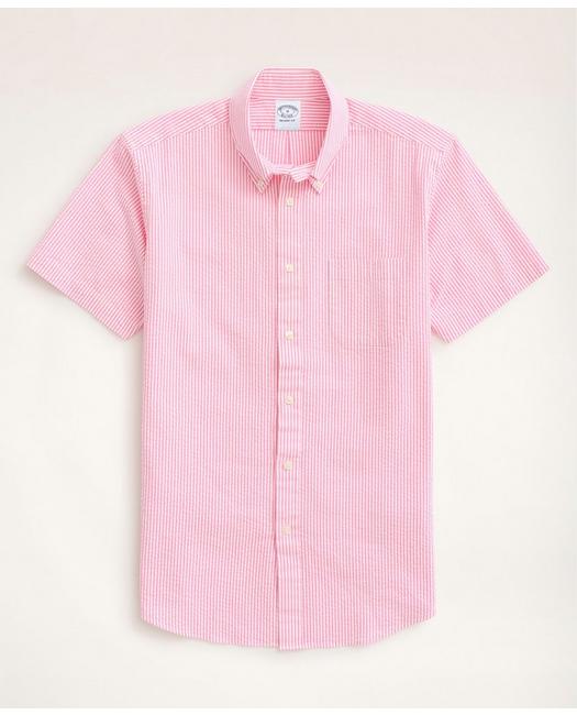 Brooks Brothers Regent Regular-fit Sport Shirt, Short-sleeve Seersucker Stripe | Pink | Size Xs