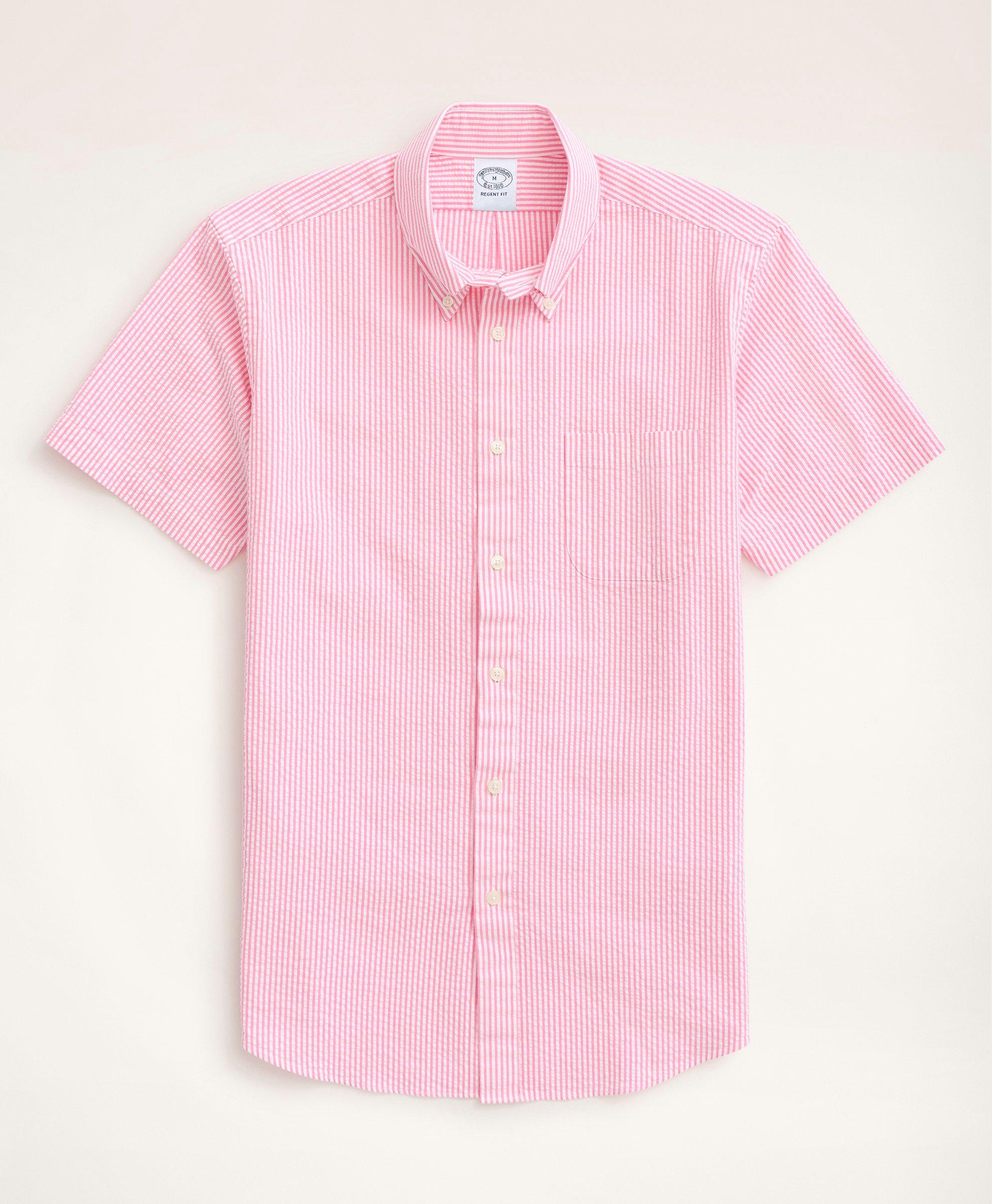 Brooks Brothers Regent Regular-fit Sport Shirt, Short-sleeve Seersucker Stripe | Pink | Size Xs