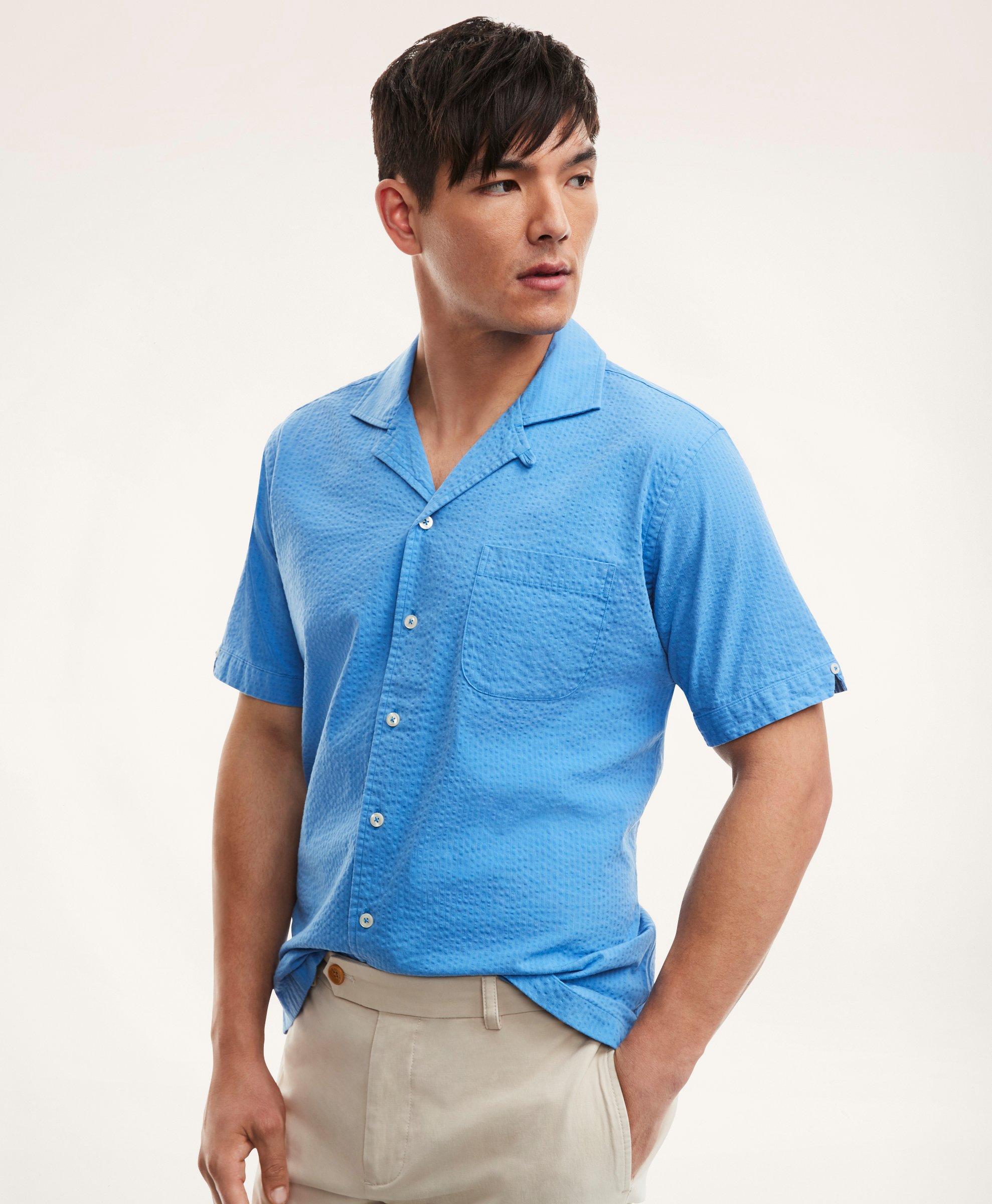 Brooks Brothers Regent Regular-fit Sport Shirt, Camp Collar Short-sleeve Seersucker | Light Blue | Size Xs