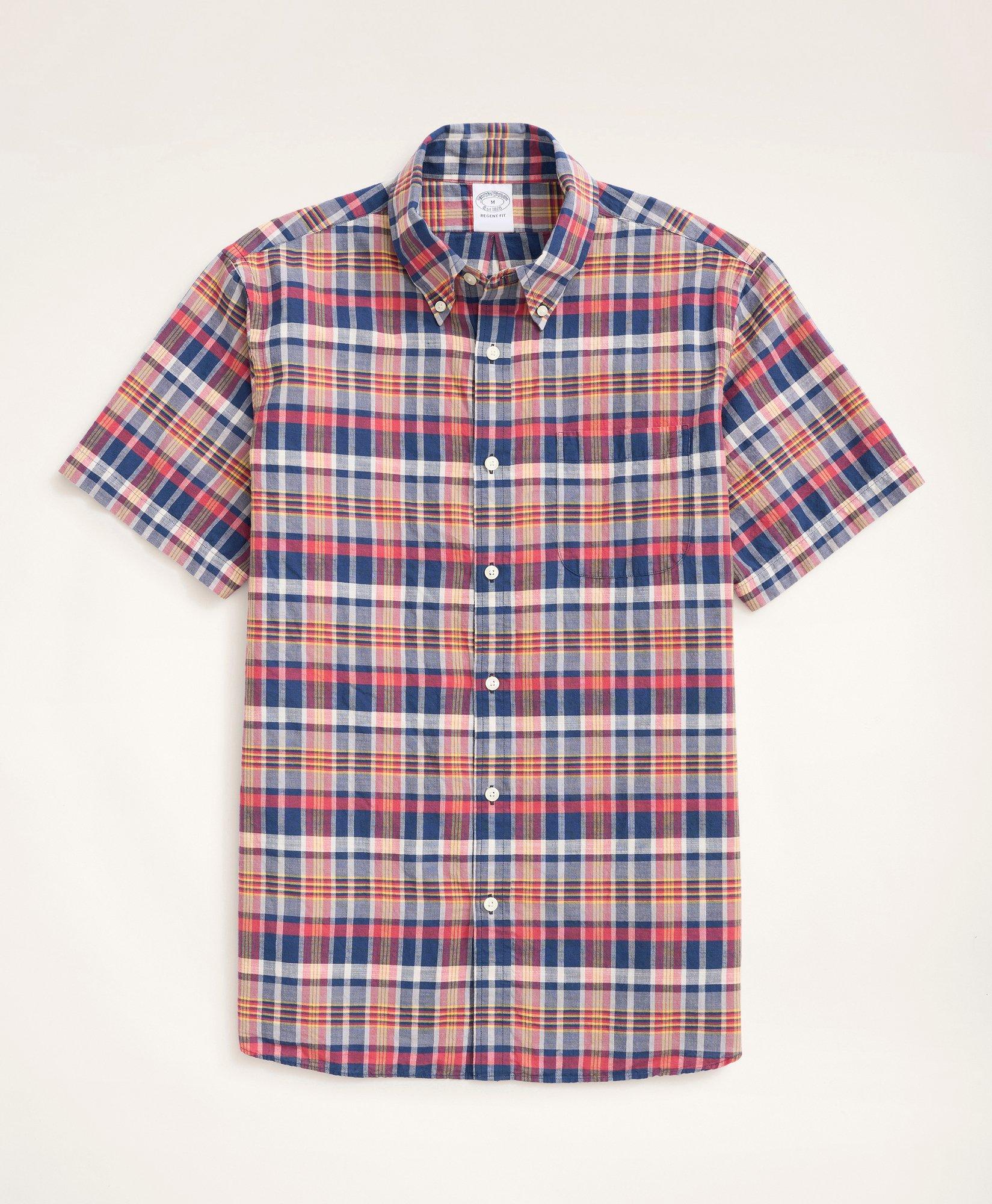 Shop Brooks Brothers Regent Regular-fit Sport Shirt, Short-sleeve Madras | Navy/red | Size Xs In Navy,red
