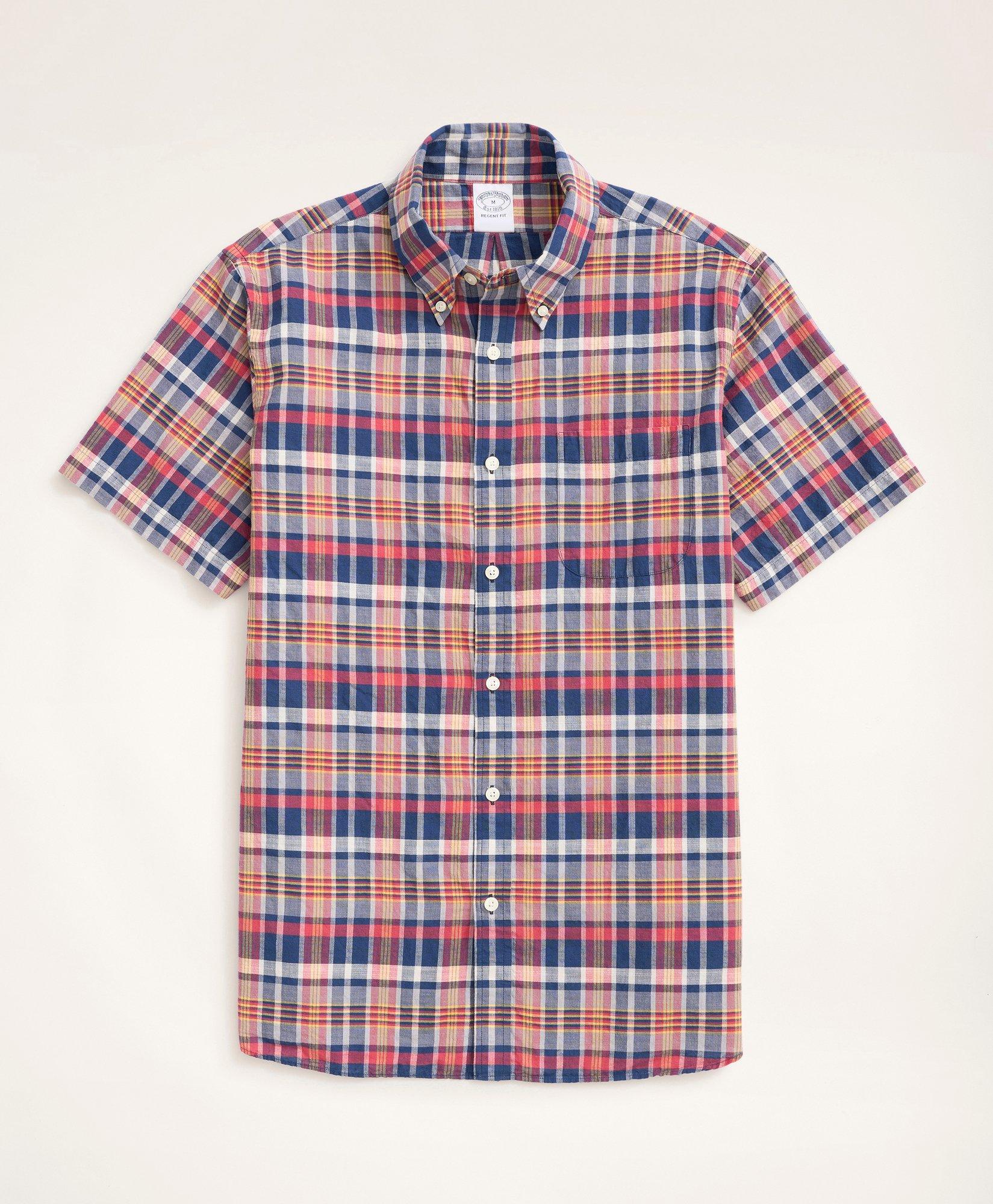 Brooks Brothers Washed Cotton Madras Short Sleeve Button-down Collar Sport Shirt In Navy,red