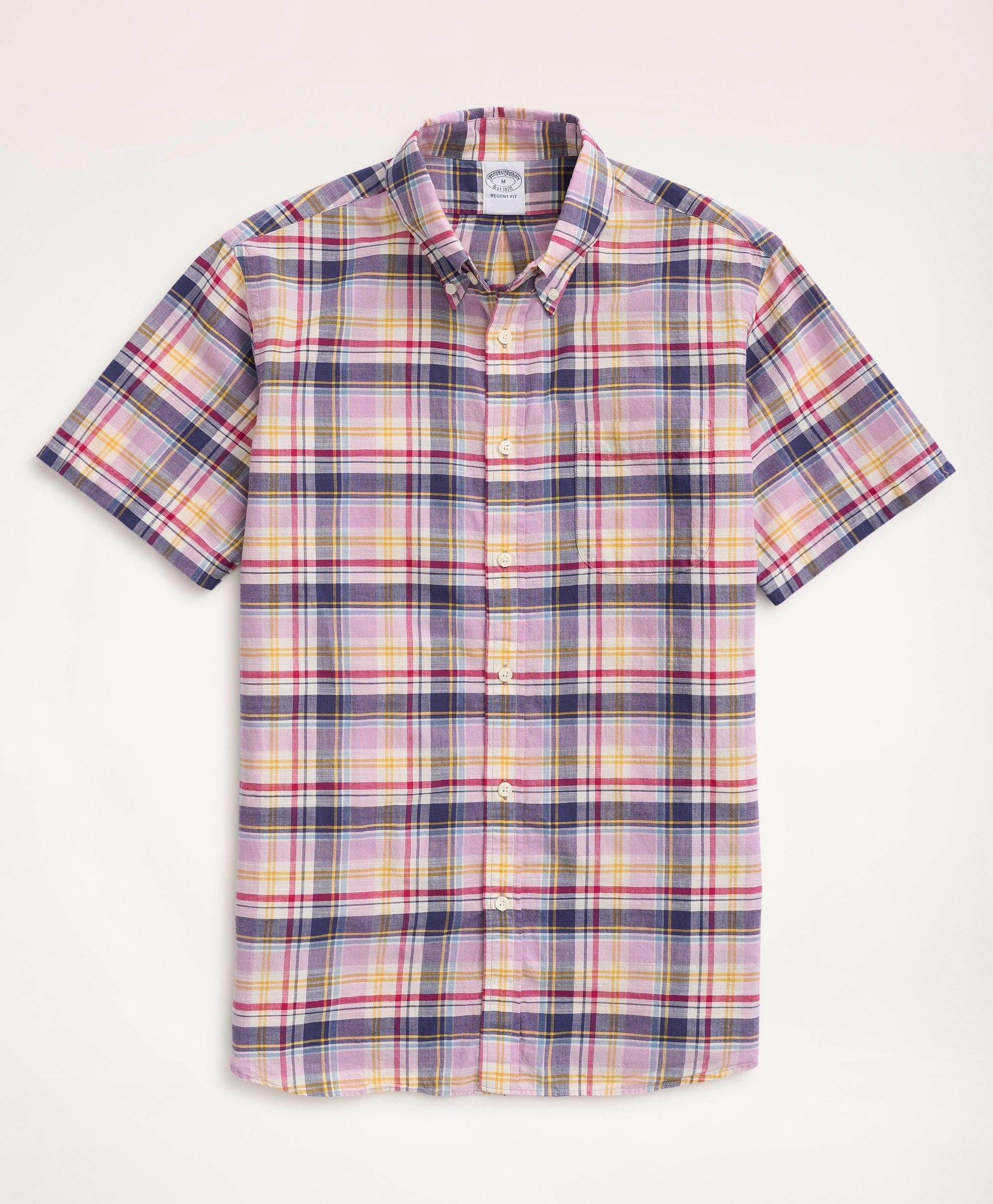Brooks Brothers Regent Regular-fit Sport Shirt, Short-sleeve Madras | Pink | Size Small