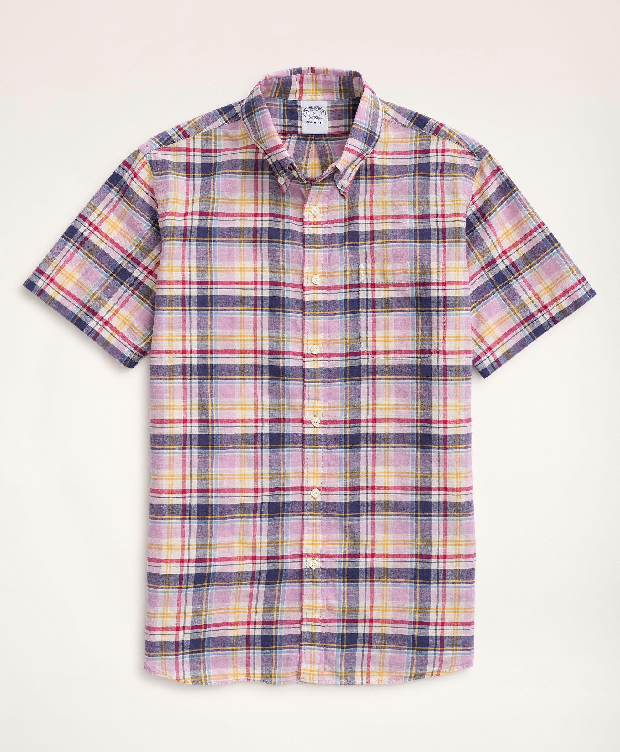 Brooks Brothers Regent Regular-fit Sport Shirt, Short-sleeve Madras In Pink