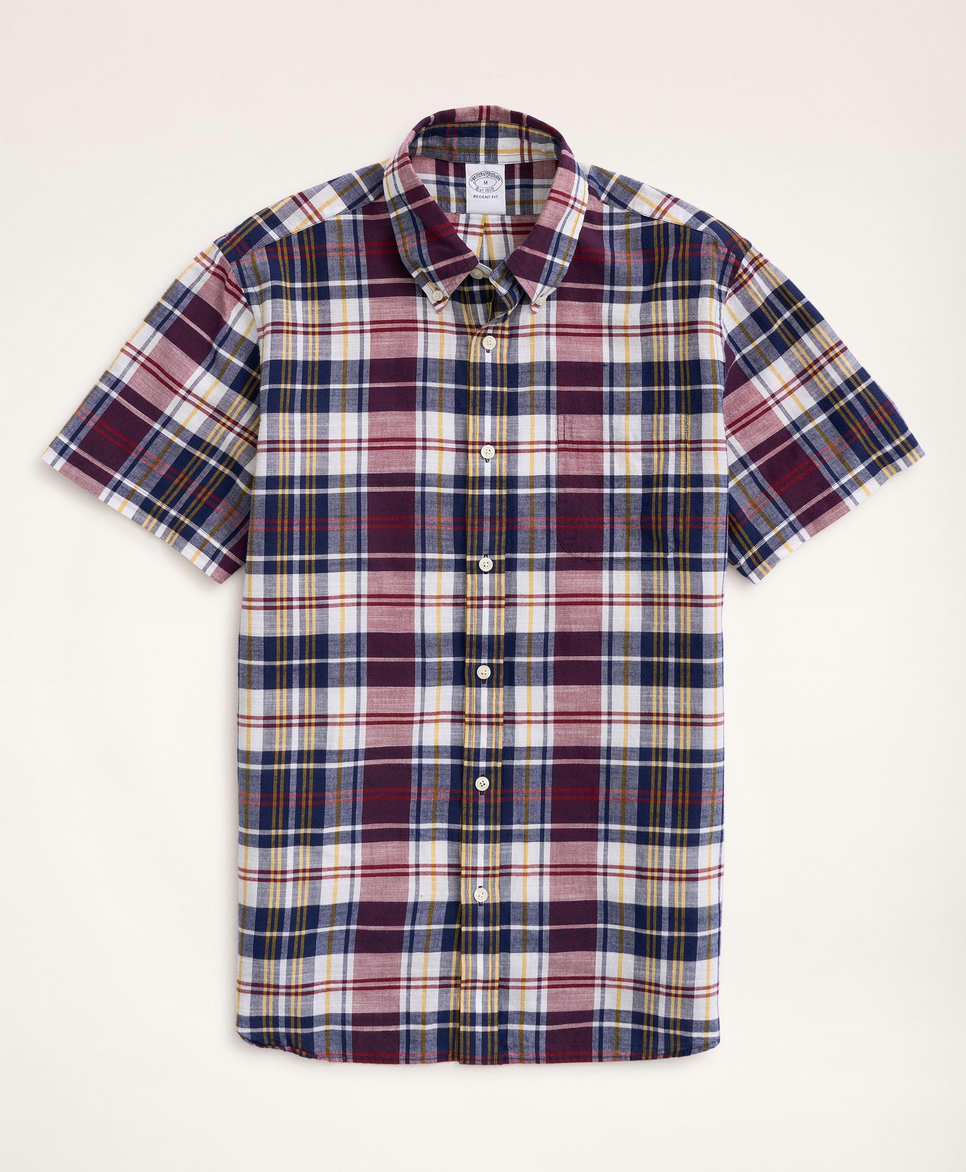 Brooks Brothers Regent Regular-fit Sport Shirt, Short-sleeve Madras | Burgundy | Size Xs