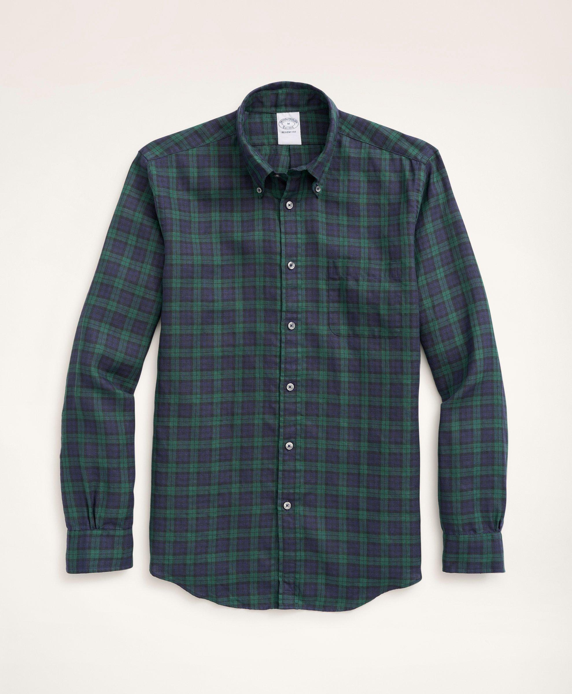 Brooks Brothers Regent Regular-fit Irish Linen Faded Tartan Shirt | Navy/green | Size Xs In Navy,green