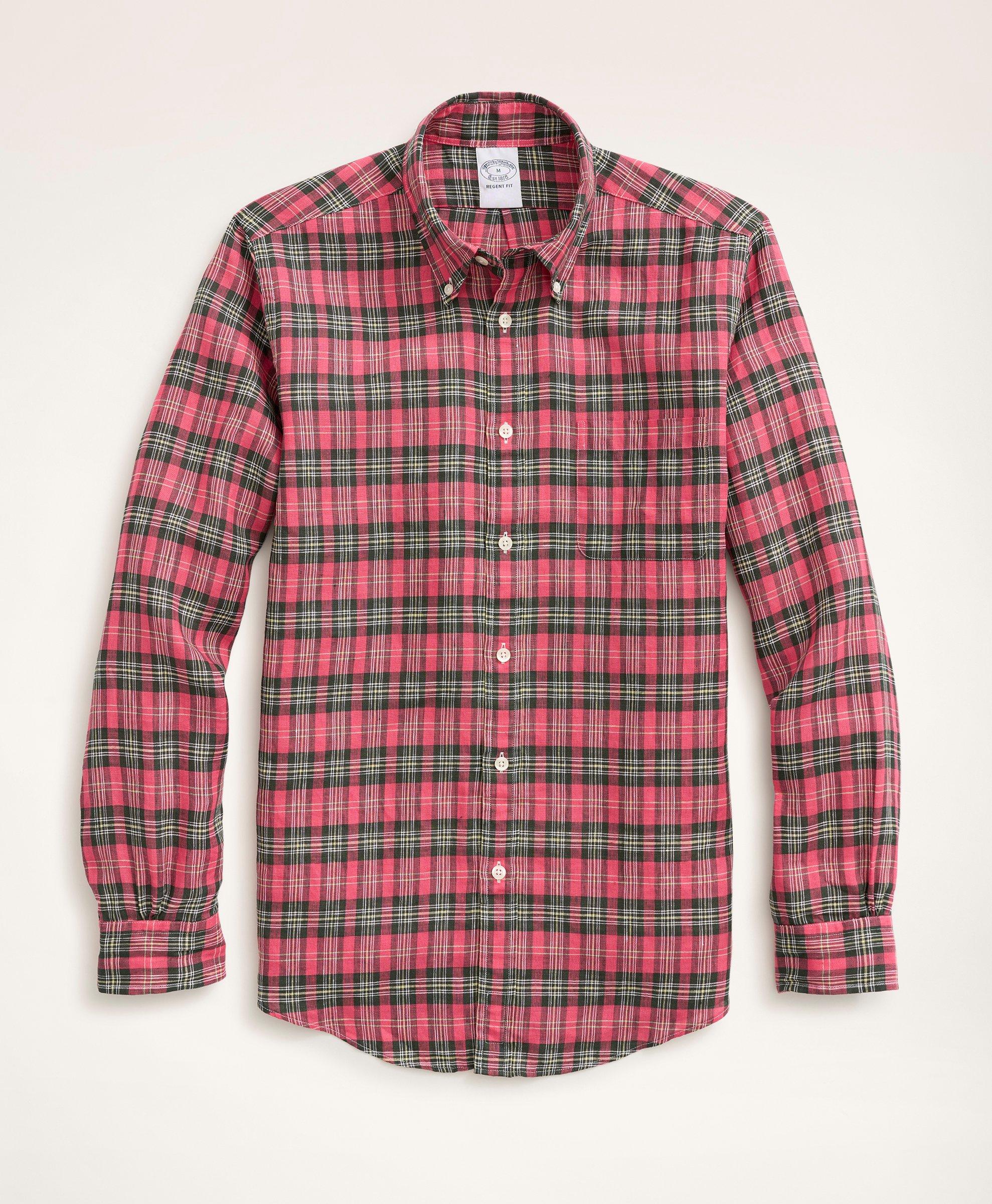 Brooks Brothers Regent Regular-fit Irish Linen Faded Tartan Shirt In Red