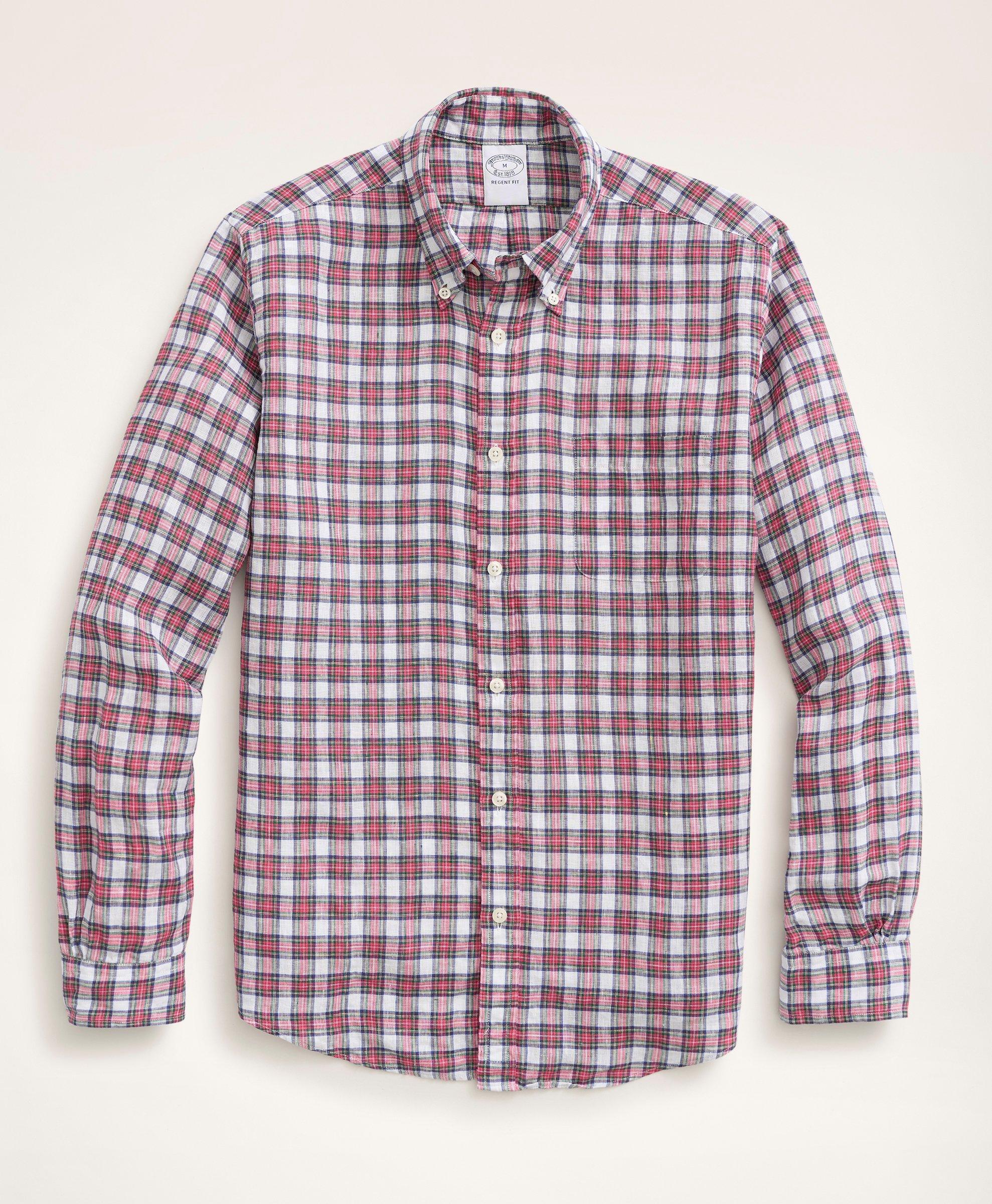 Brooks Brothers Regent Regular-fit Irish Linen Faded Tartan Shirt | White/red | Size Xs In White,red